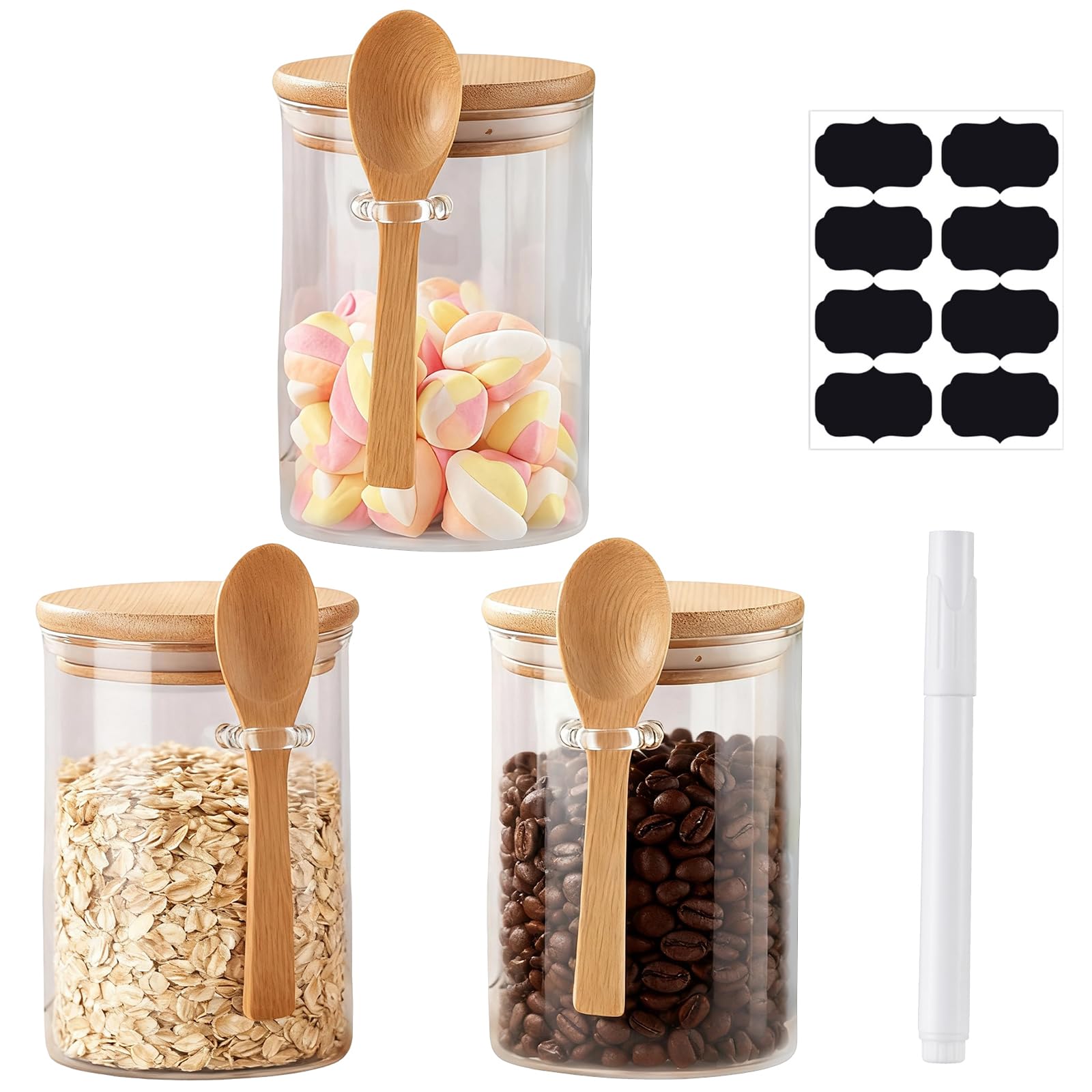 Tel Charme * 3-Pack Glass Jars with Wooden Lids & Spoon, Airtight Food Storage Containers for Overnight Oats, Yogurt, Salad, Cereal, Nuts, Chia Pudding (17oz/500ml)
