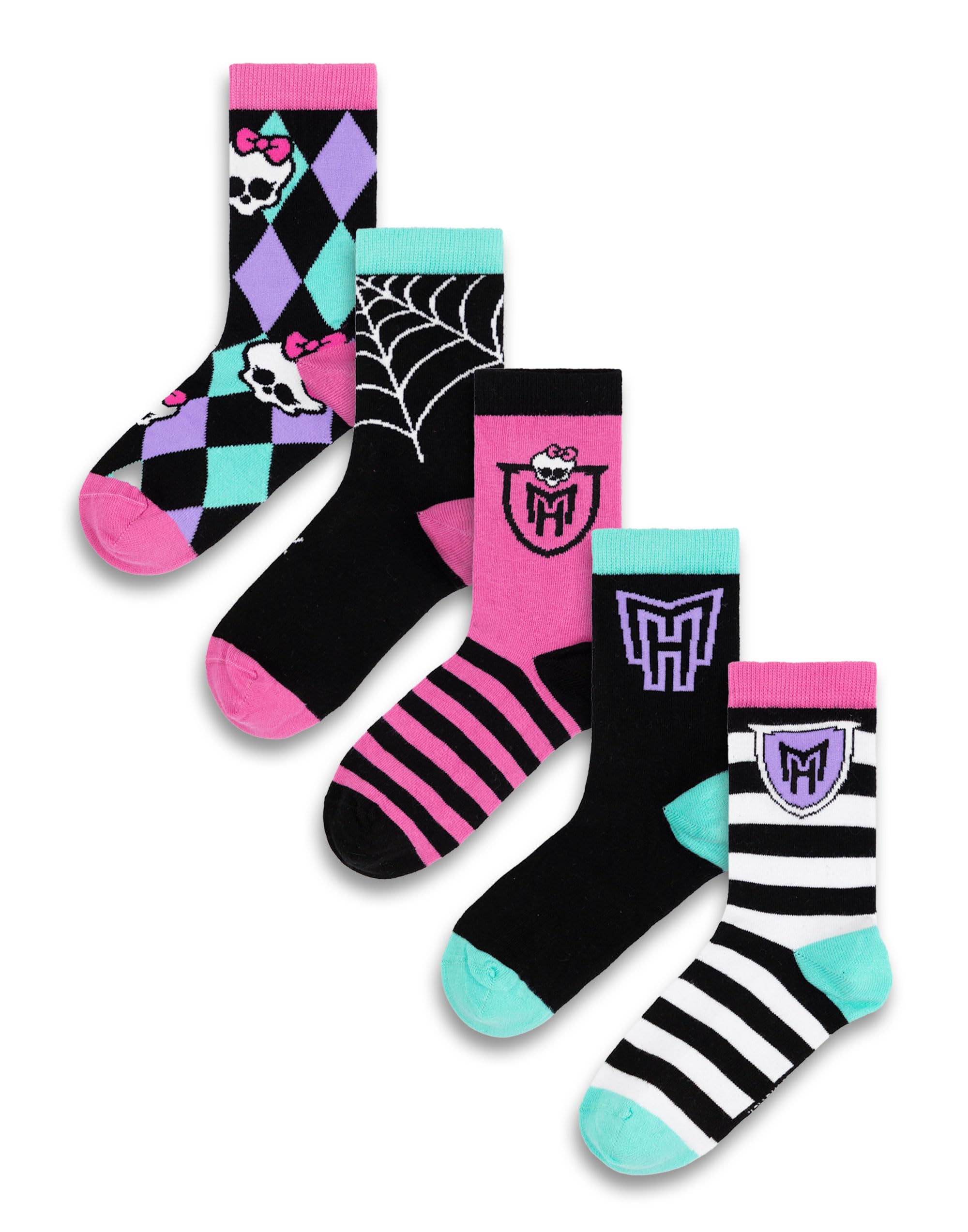 Monster High Chaussettes multicolores à rayures et têtes de mort pour filles | Lot de 5 paires | Motifs amusants avec logos Chaussettes décontractées pour enfants