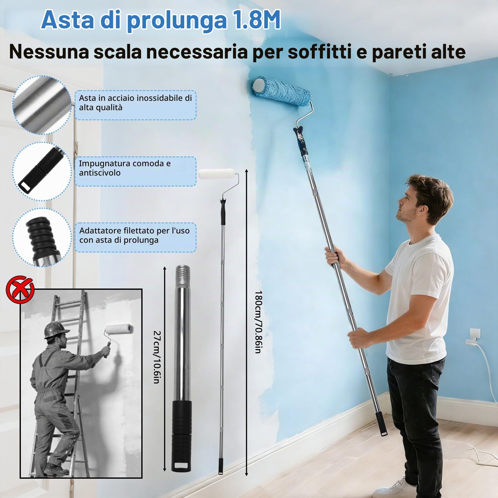 Qivine Rullo Pittura Kit con Asta Telescopica, 20 Pezzi Rullo per Pittura Professionale con Vassoio, Kit Rullo e Vaschetta per Verniciare, per Dipingere Pareti, Soffitti, Porte e Modanature