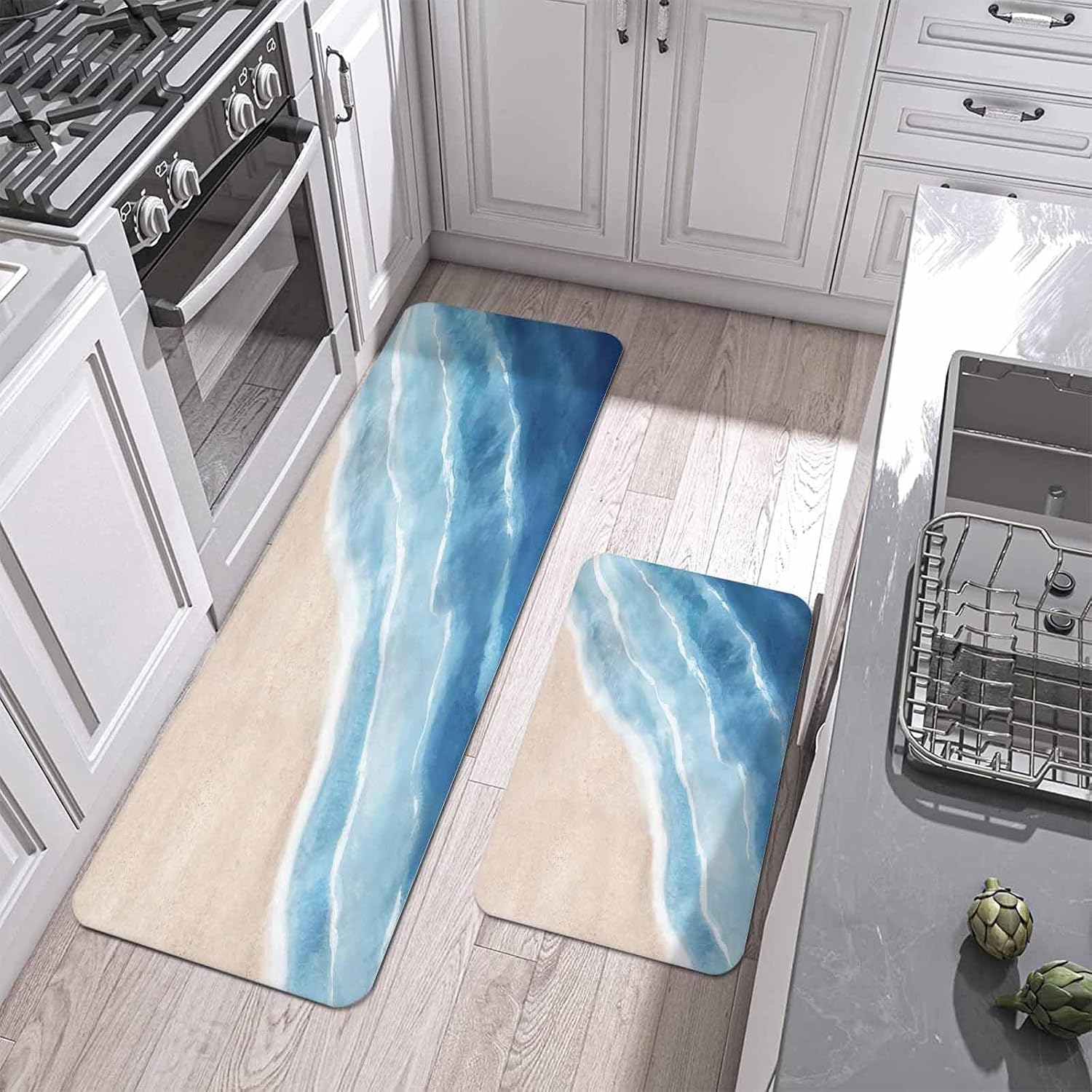 Summer Blue Beach Wave Kitchen Mats Set of 2 Coastal Nautical Watercolor Gradient Ocean Sea Non Slip Mat Washable Floor Rug for Kitchen Sink Floor Laundry, 19.7"x31.5"+19.7"x47.2"