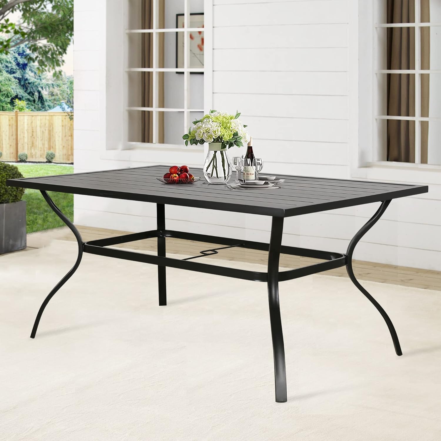 Ulax furniture 6-Person Outdoor Patio Dining Table - Rectangular Metal Slatted Table with Umbrella Hole, Classic Black