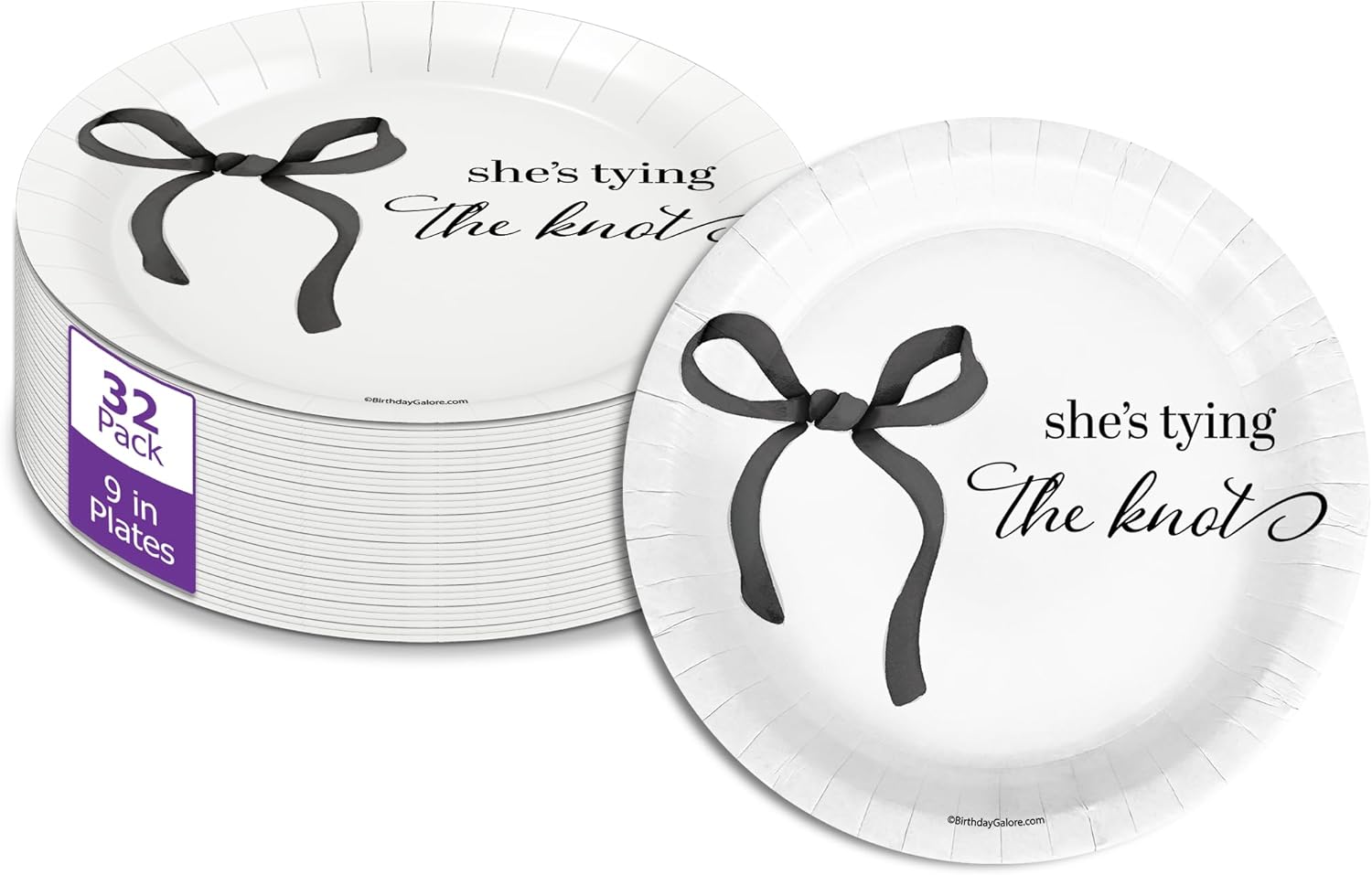 Birthday Galore She's Tying The Knot Bridal Shower - 32 Piece Disposable Party Supplies - Black Bows Bridal Shower Decorations - Round Party Plates - Large 9" Paper Plates In Bulk