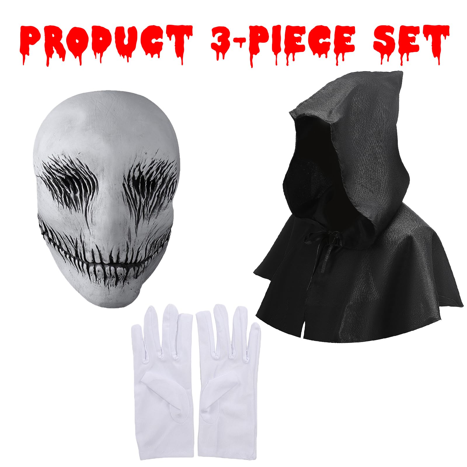 AENEY Scary Slenderman Smile Mask, 3PCS Creepy Ghostface Demon Hooded Cloak Gloves, Horror Halloween Cosplay Props (3PCS-Mask - Image 2