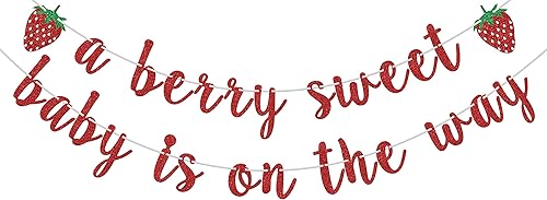 Cartel con texto en inglés A Berry Sweet Baby is On The Way, decoraciones de fiesta de baby shower con temática de frutas dulces y bayas para niños,