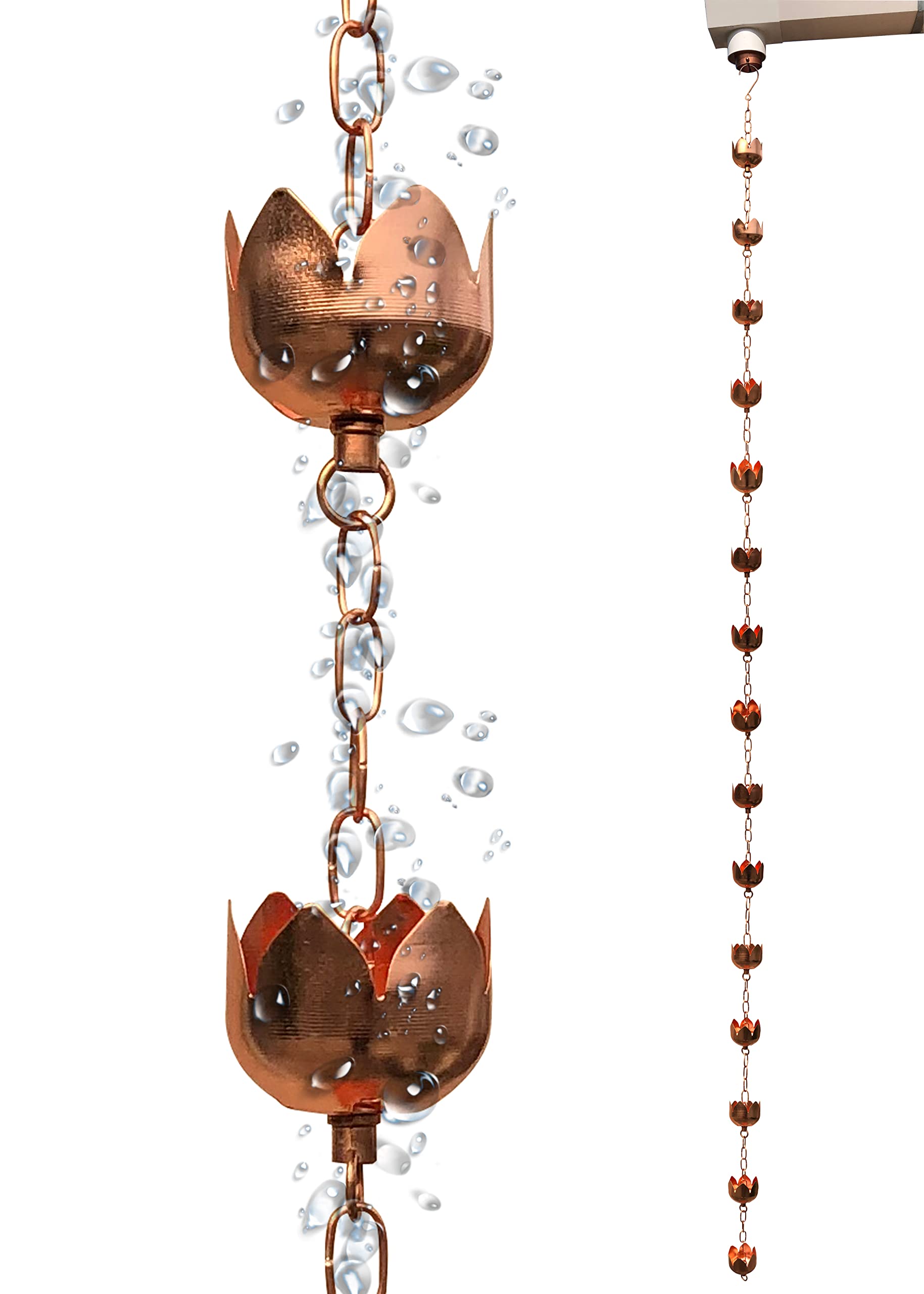 TFYADENRain Chains - Pure Copper Lotus Cup Rain Chains for Downspouts. 8.5 Feet Length. Free Gutter Adapter. Windchime and Fountains on Rainy Days.