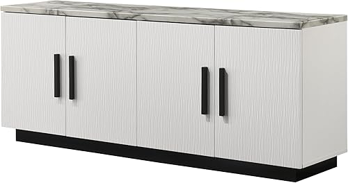 Lilola Home Matilda - Mesa consola blanca de 63 pulgadas con parte superior de mármol sintético, diseño moderno de almacenamiento de 4 puertas con