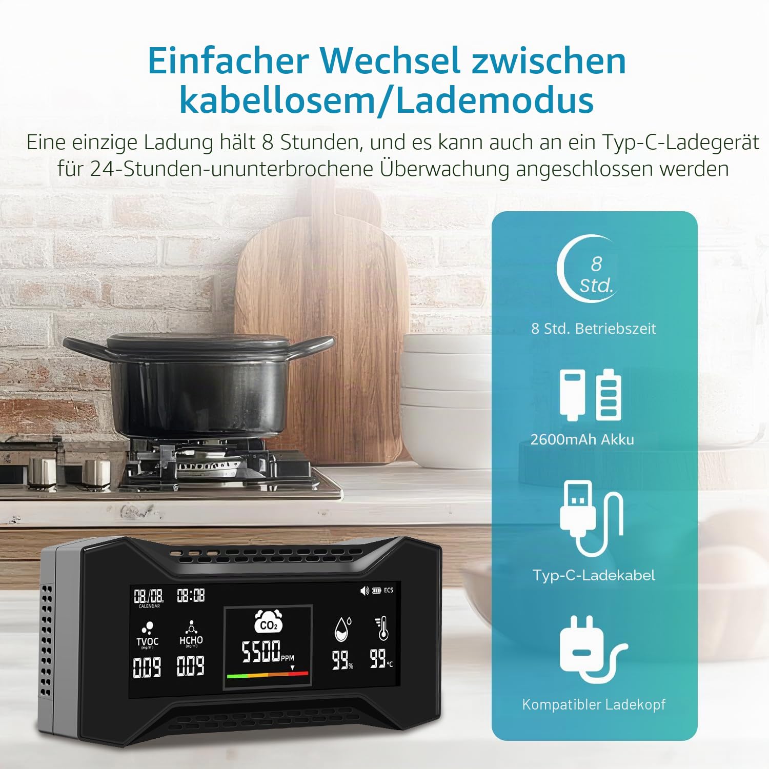 CF-20 DL Luftqualität Messgerät mit Datenbericht, CO2 messgerät Messung von CO2,TVOC, HCHO, PM2.5, PM10, AQI, Temperaturm, Luftfeuchtigkeit, Symbolbasierte visuelle Anzeige für Zuhause, Schule