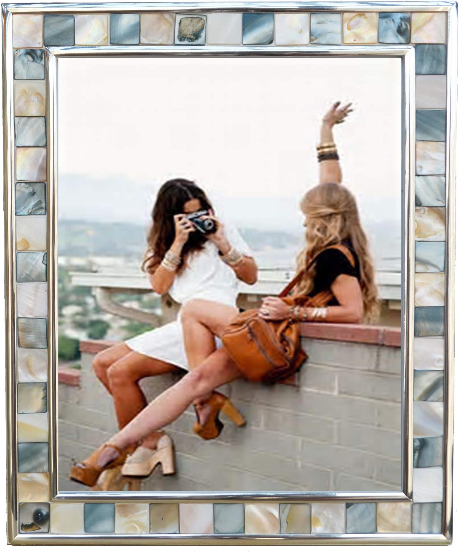 GIFTME 5 Silver Plate Picture Frame 8x10 Mother of Pearl Wall Frame 8by10 Wedding Photo Frame Mosaic Glass Tabletop Picture Frame (Grey+ White,1pc)