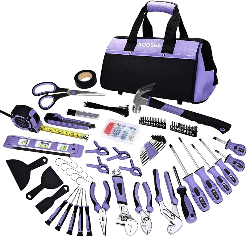 ACOSEA Purple Tool Set,223-Piece Tool Sets for Women,Tool Kit with 13-Inch Wide Mouth Open Purple Tool Bag,The Basic Tool Set is Perfect for Home Maintenance (PURPLE) | Tool Kit with 13-Inch Wide Mouth Open Purple Tool Bag,The Basic Tool Set is Perfect for Home Maintenance (PURPLE)