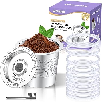 CAPMESSO Reusable K Cup with 20pcs Silicone Gaskets Stainless Steel Reusable Coffee Pods - Dual-Mesh Refillable Coffee Filter for Richer Coffee NO Grit