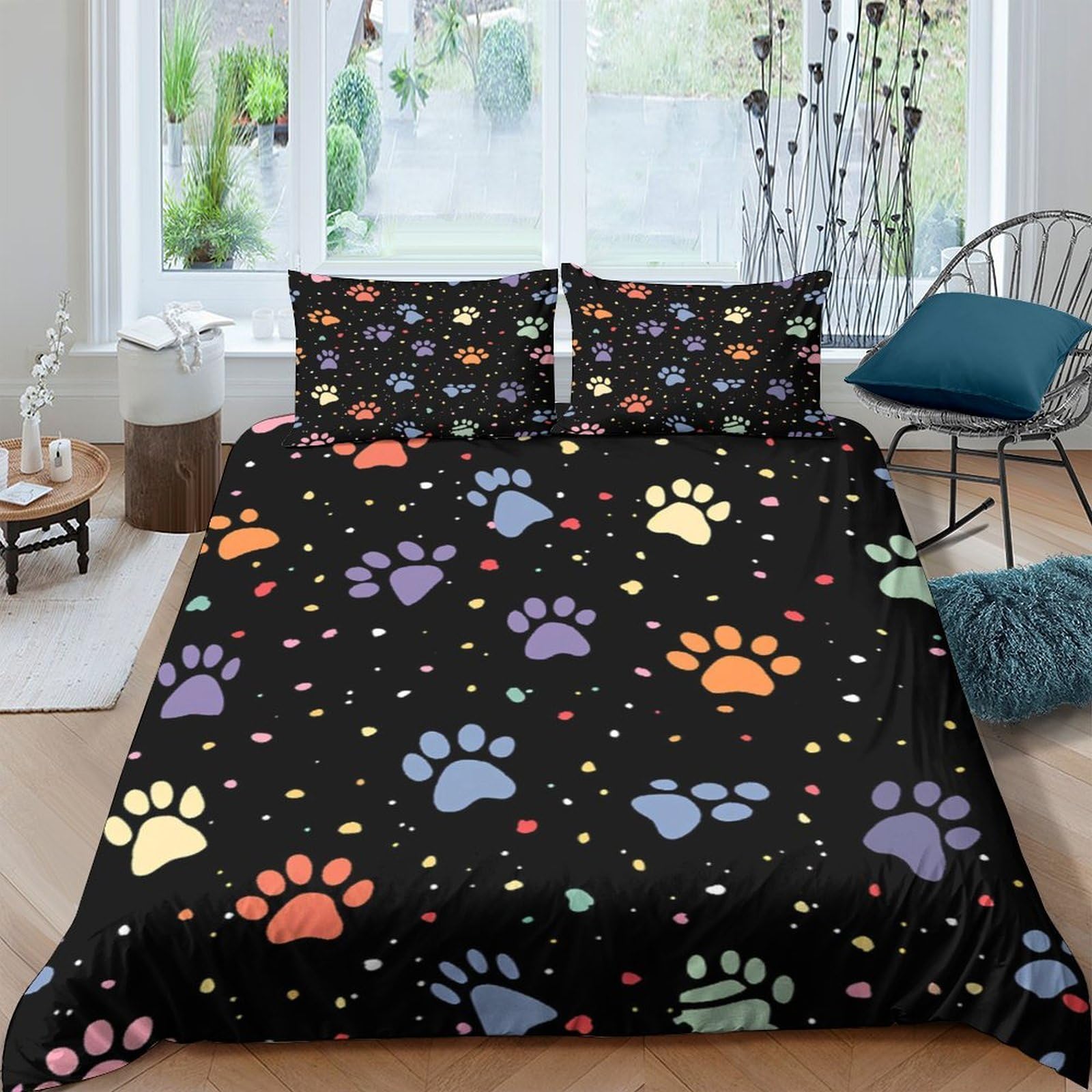 Ctjqhvkz Style-8 3D Printed Colorful Paw Fitted Sheet Microfiber Soft Black Animal Tracks Bed Cover For Bedroom Guestroom Decor Single（135X200cm）