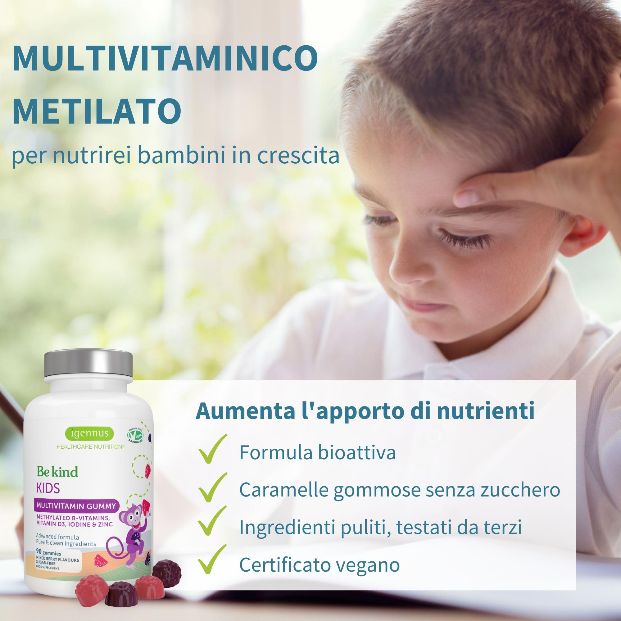Multivitaminico Metilato per Bambini Età 4+, Vitamine Gommose Senza Zucchero con Vitamine B Biodisponibili e Vitamina D, Ingredienti Puri e Testasti da Terzi, 90 Caramelle ai Frutti di Bosco, Igennus
