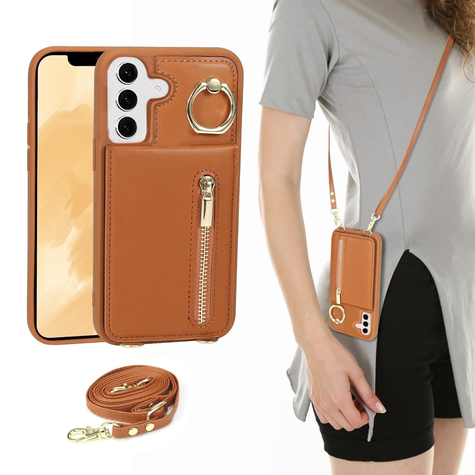 KYFSJPT Crossbody Wallet Case for Samsung Galaxy S25, with Card Slots Zipper Pocket Case, Flip Folio Purse RFID Blocking with Ring Kickstand