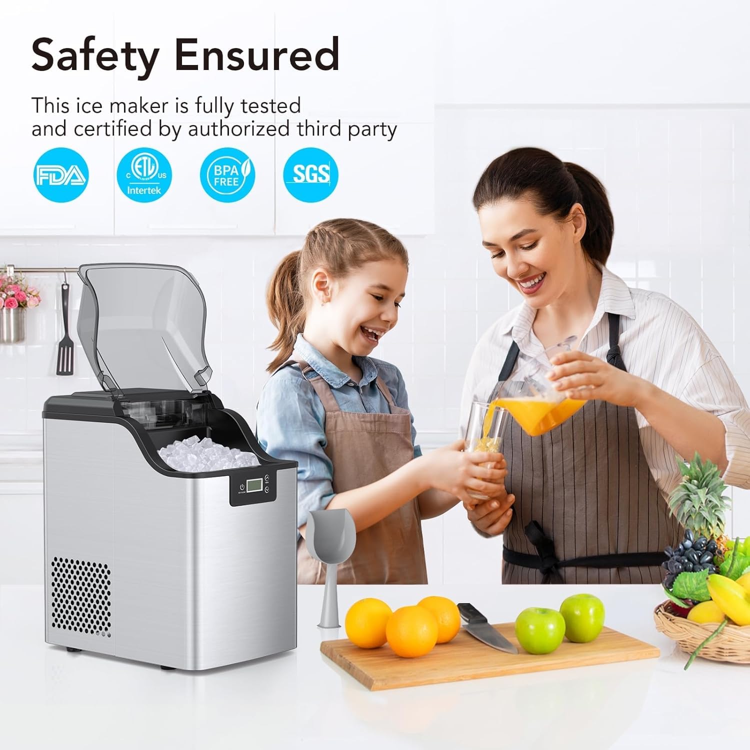 Stainless Steel Ice Maker Machine, Small Ice Maker with Ice Scoop, 44lbs/24h, Self-Cleaning and Timer Function, 3qt Water Reservoir, Pebble Portable Ice Machine for Home, Kitchen, Camping, Rv