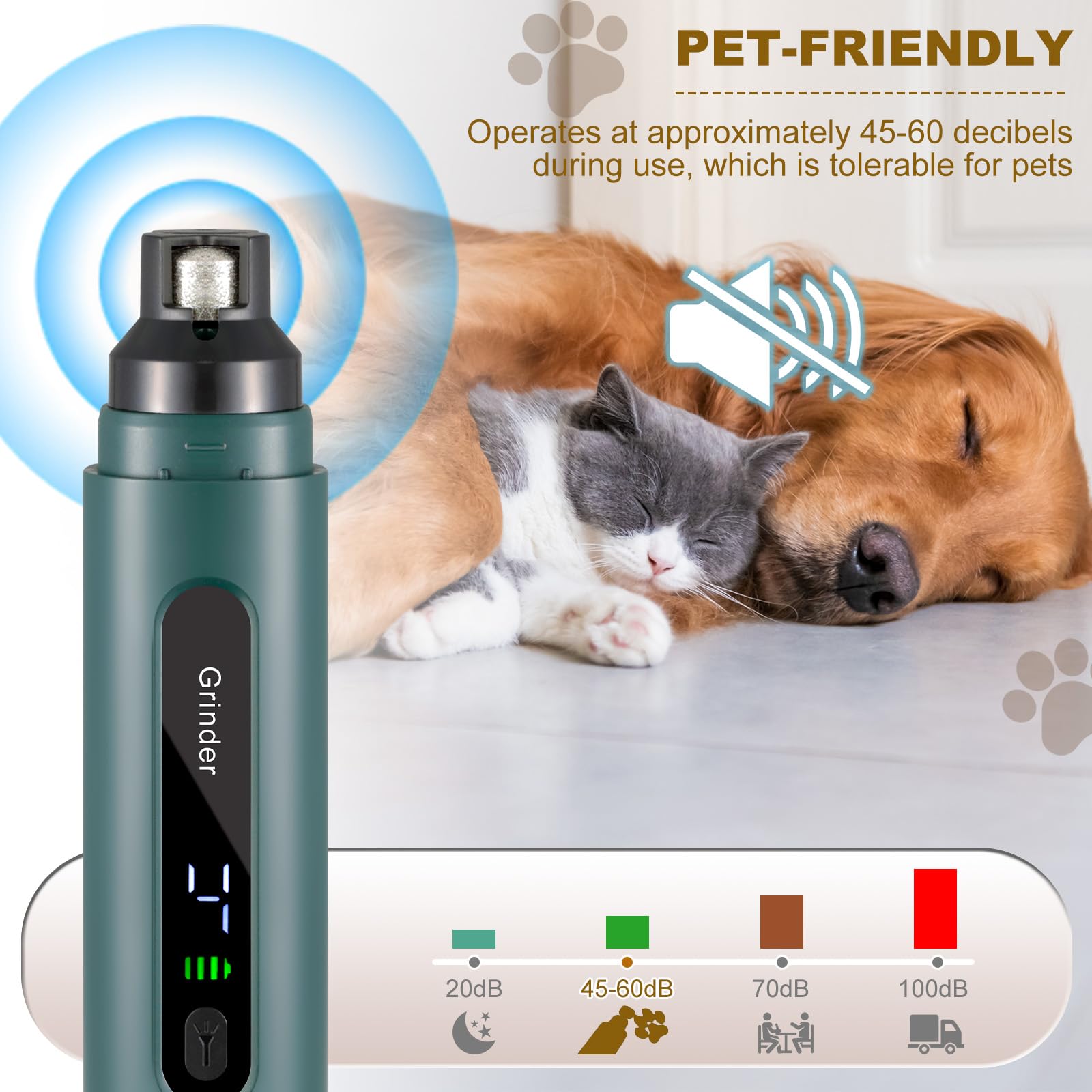VINATO Cortaúñas Eléctrico para Perros y Gatos, Lima Úñas con Luz LED, 5 Velocidades, 3 Cabezales de Diamante y 3 Puertos, Recargable e Inalámbrico para Todas Las Razas