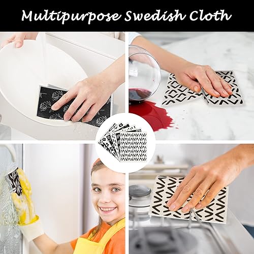 Miniatura 5 de Whaline 6 paños de cocina suecos minimalistas blancos y negros, hojas de flores, arco iris, geométrico, reutilizable, toalla de cocina absorbente de