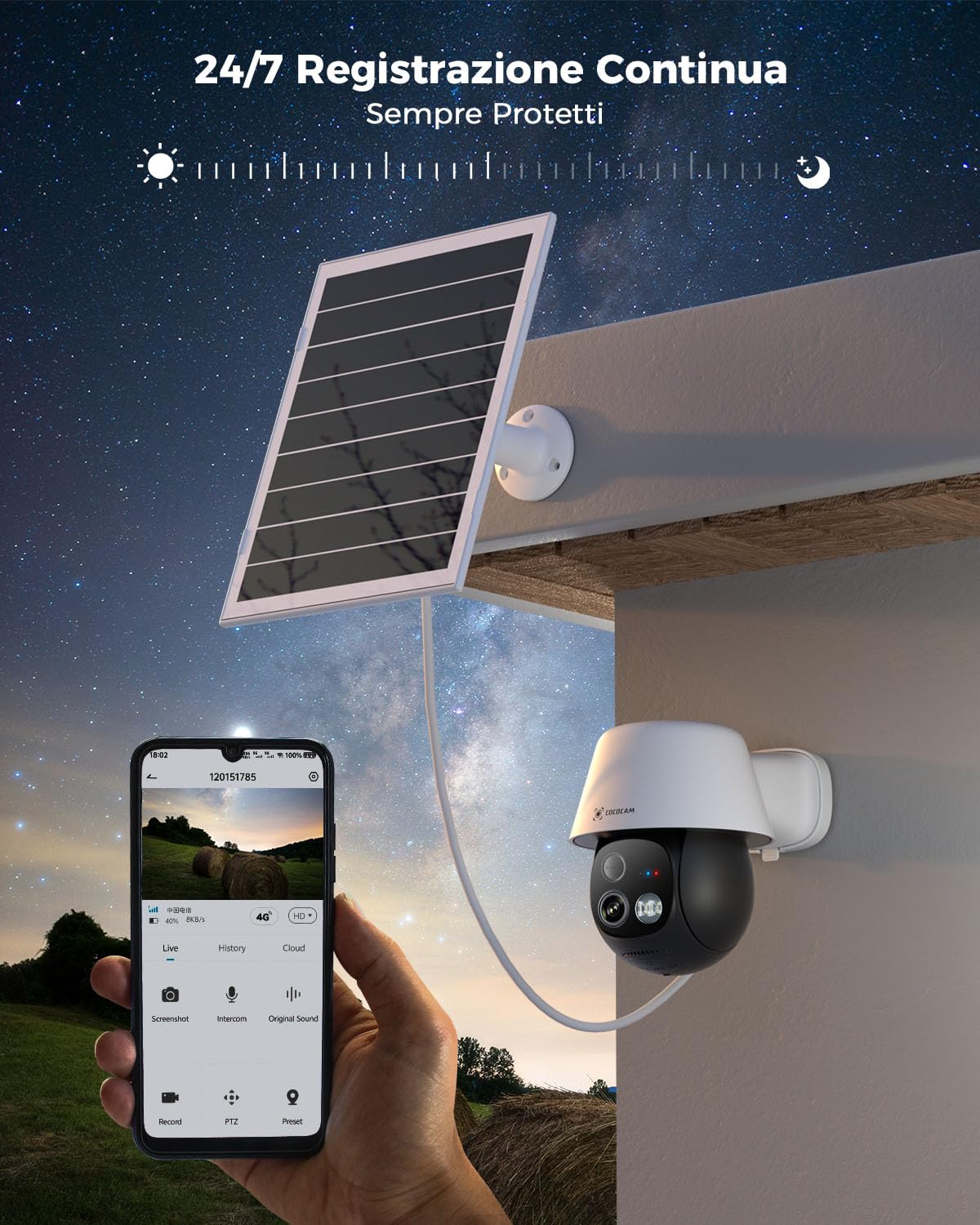 COCOCAM 24/7 AOV 4G Telecamera Esterno con SIM 30m Visione Notturna | 10000mAh Batteria & 8W Pannello Solare, Tracciamento Auto & Rilevamento AI, 2K PTZ, Scheda eSIM Inclusa (Senza WiFi)