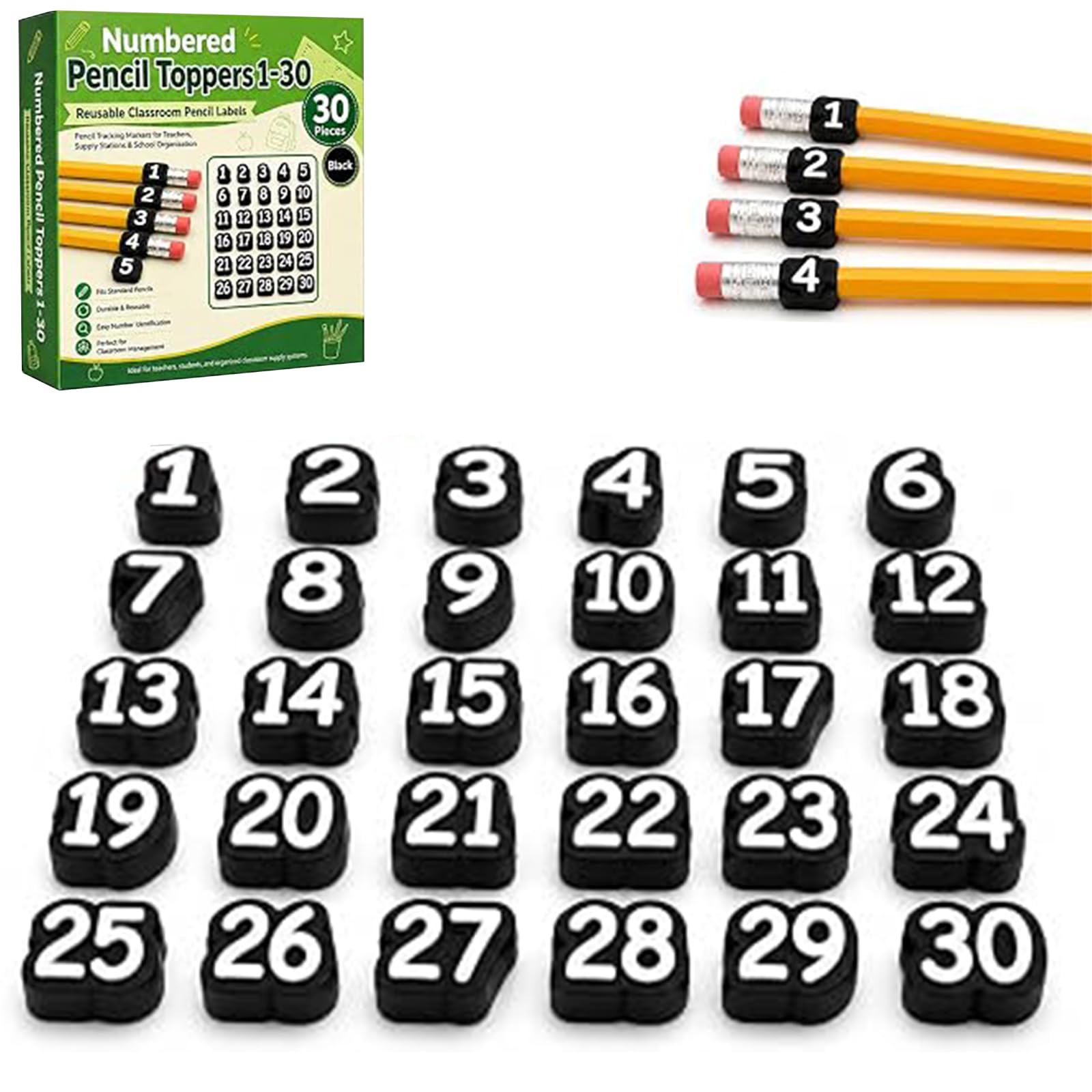 20/30/50 Pcs Numbered Pencil Toppers, Reusable Classroom Pencil Labels for Supply Tracking Station & Organization, Classroom Management Must Haves for Teachers (Black, Number 1-30) โ image 1