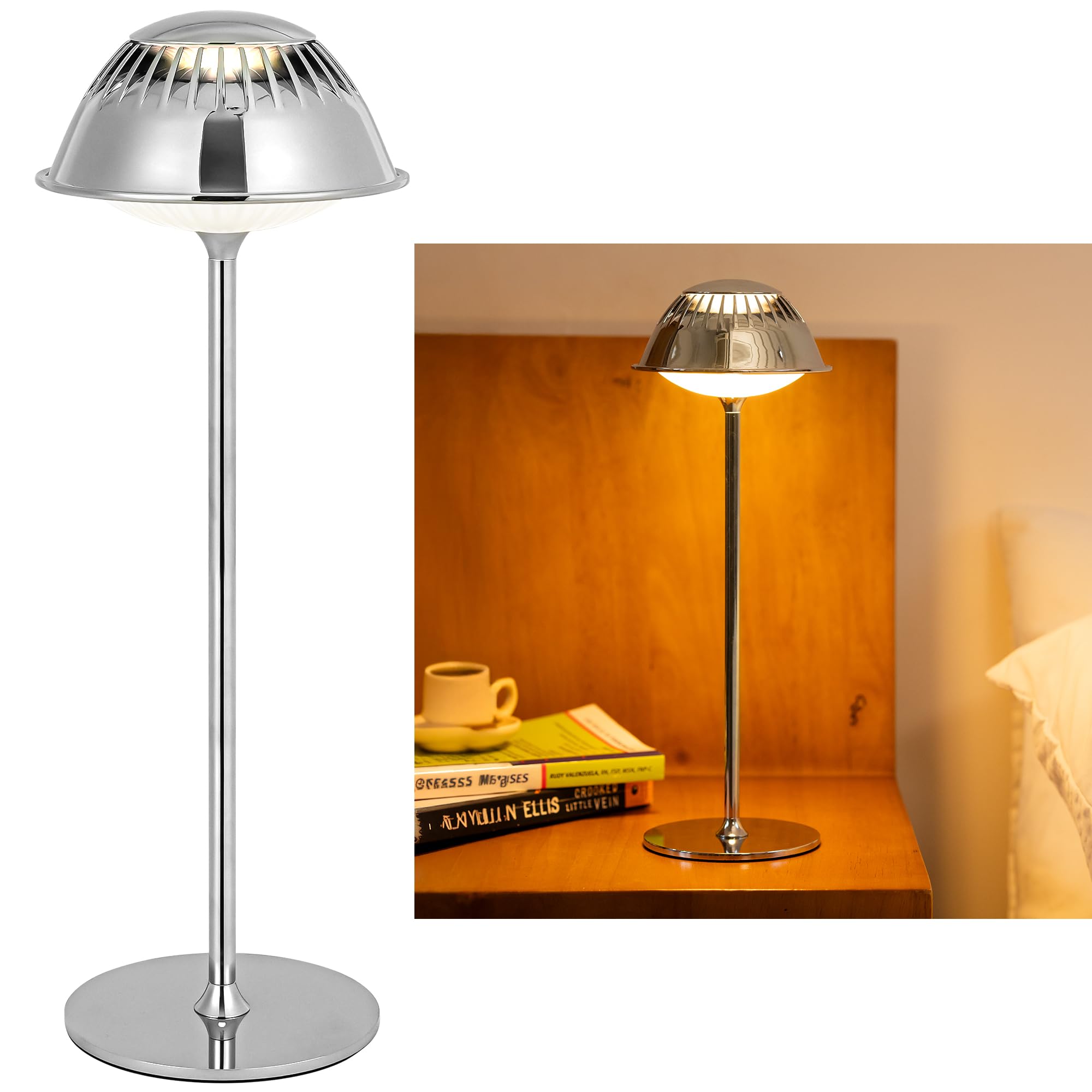 LuminexDesigns Kabellose LED Tischlampe Modern – Industrial Silbern Metall Design Touch Dimmbar, Wasserfest Chrom Tischleuchte Akku für Nachttisch, Wohnzimmer, Arbeitszimmer, Büro, Café, Bar & Outdoor