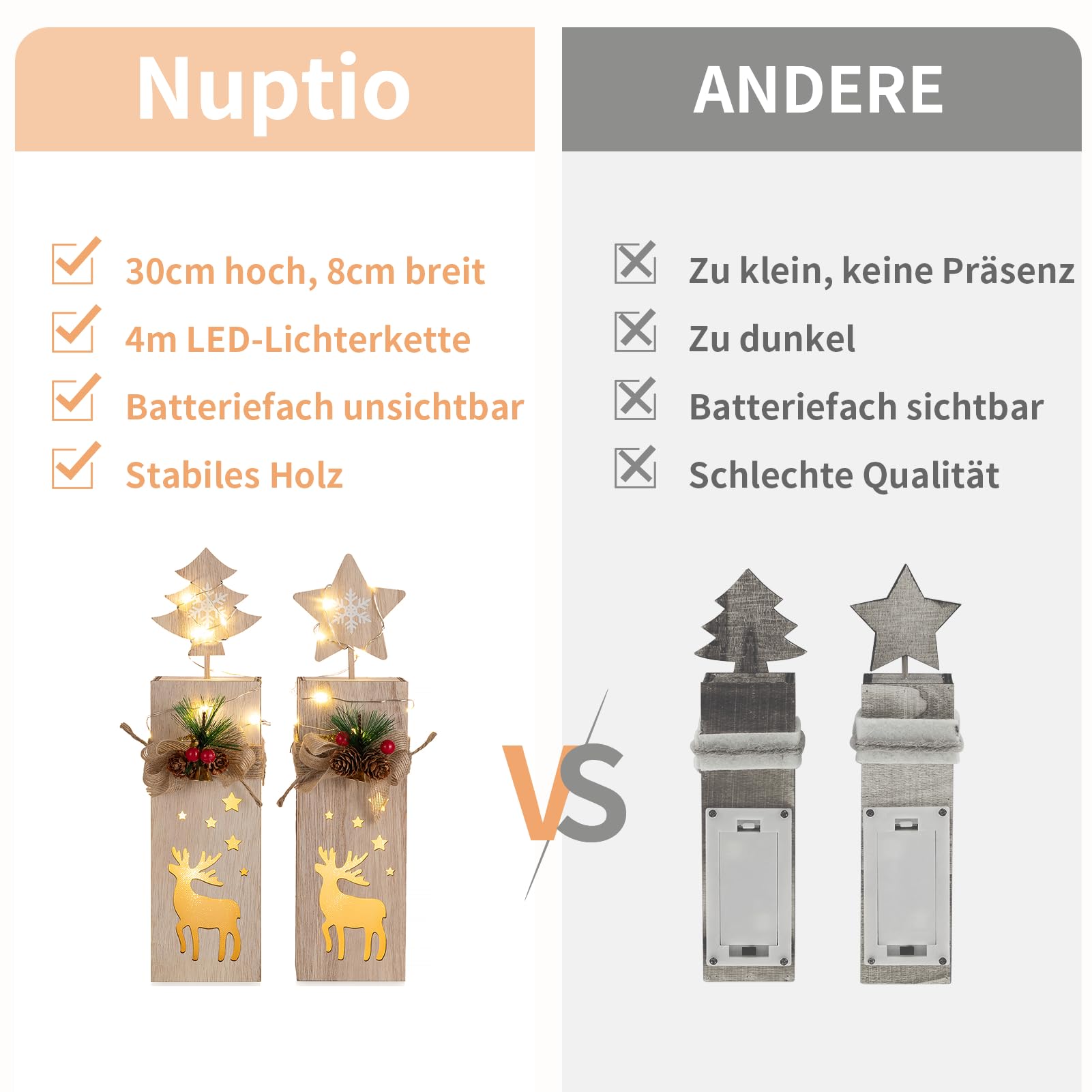 NUPTIO Kerstversiering Houten Rendier Vensterbank - 2 Stuks Led Decoratie Houten Zuil Kerst Binnen Elk Kerstdecor Kerst Start En Boom Cadeau (batterijen Niet Inbegrepen