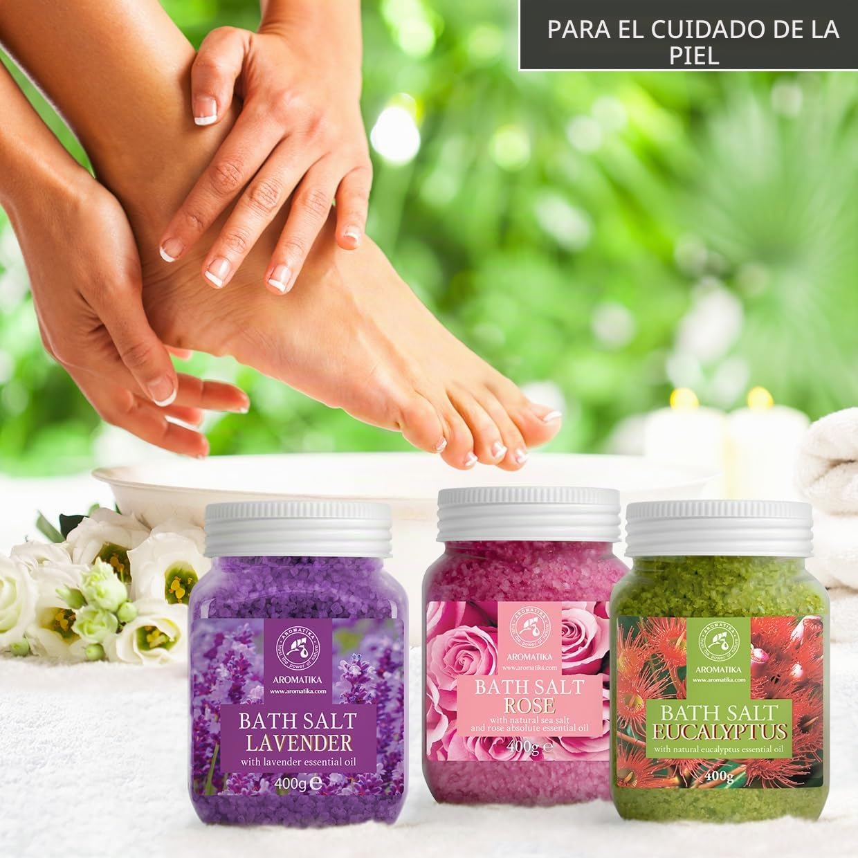 Sales de Baño Set 3x400g con Aceite 100% Natural Lavender - Rosas - Eucalipto - Mejor para Buen Sueño - Alivio del Estrés - Baño - Cuidado Corporal - Bienestar - Belleza - Relajación - Spa