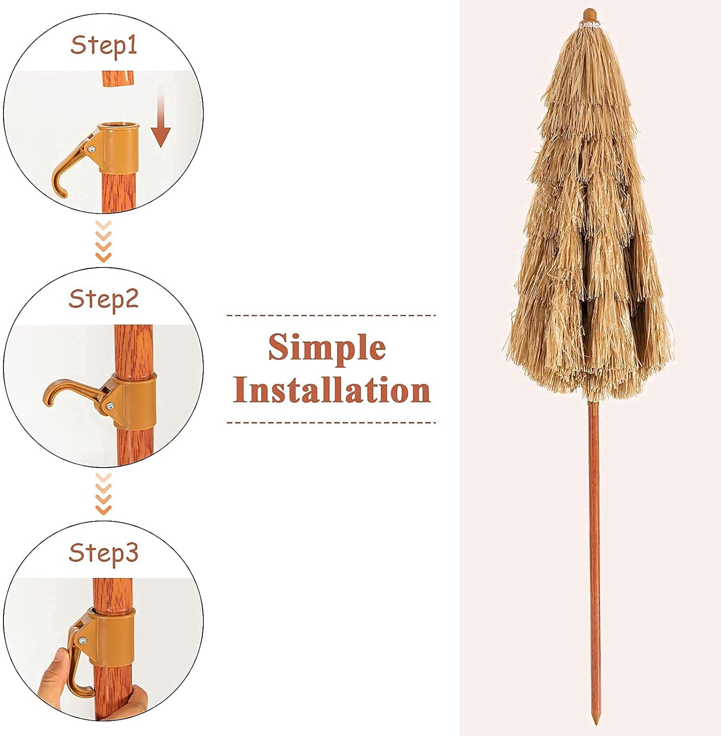 Giantex 6.5Ft Thatched Tiki Umbrella, Hawaiian Style Patio Grass Umbrella with 8 Ribs & Tilt Adjustment, Outdoor Portable Beach Sunshade for Yard, Garden & Poolside