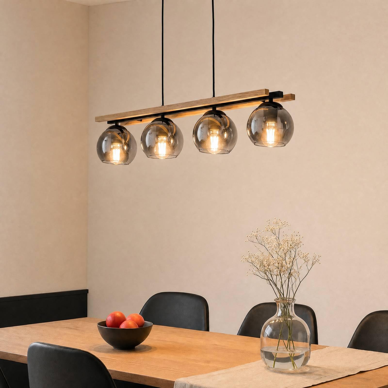 Lindby Esstisch Pendelleuchte Holz, Glas rauchgrau Hängeleuchte Rauchglas Esszimmer 4x E27 ohne Leuchtmittel Hängelampe Wohnzimmer Esszimmerlampe