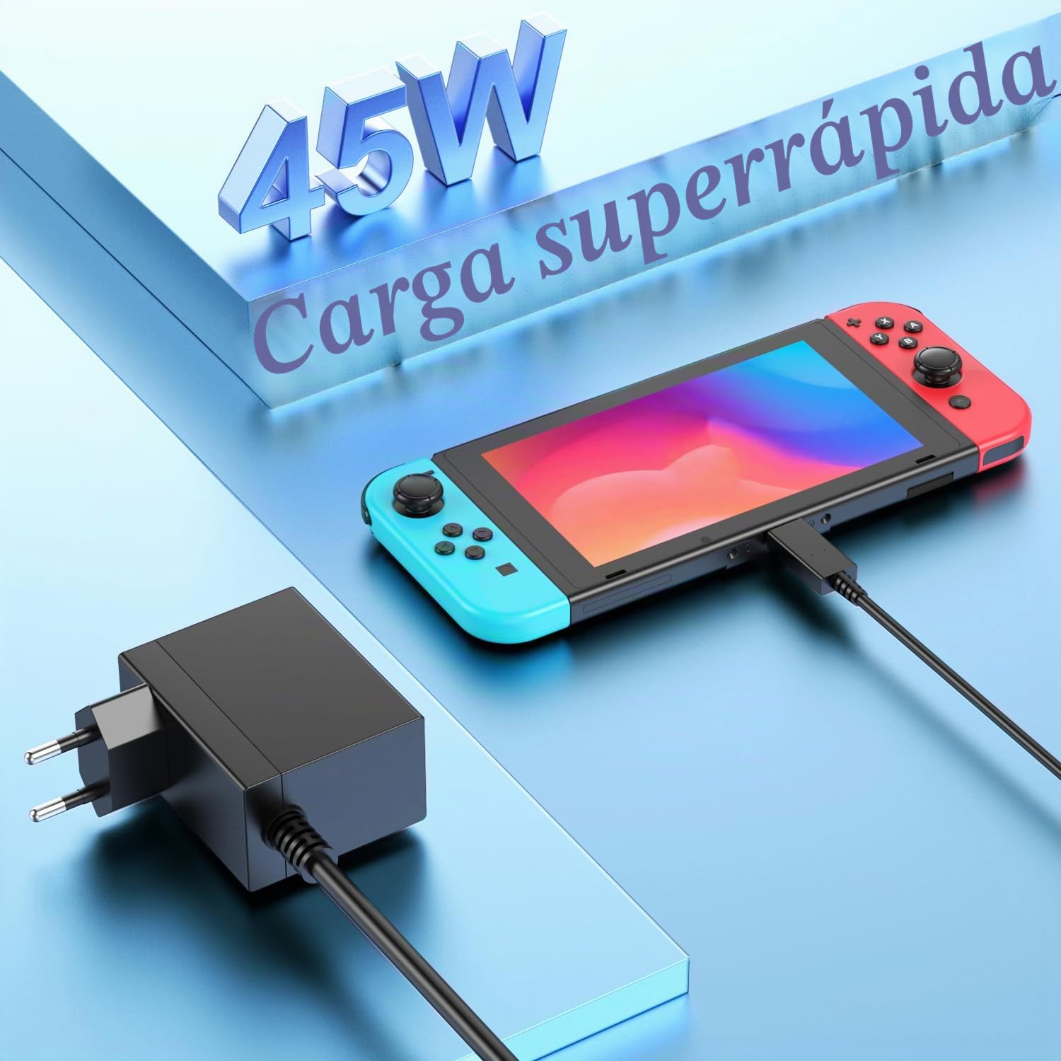 Cargador para Nintendo Switch, 45W Adaptador Cargador rápido para Switch/Lite/OLED/Deck Dock/Pro Controller, Soport a Modo TV, con Cable 1.5M/5FT USB C