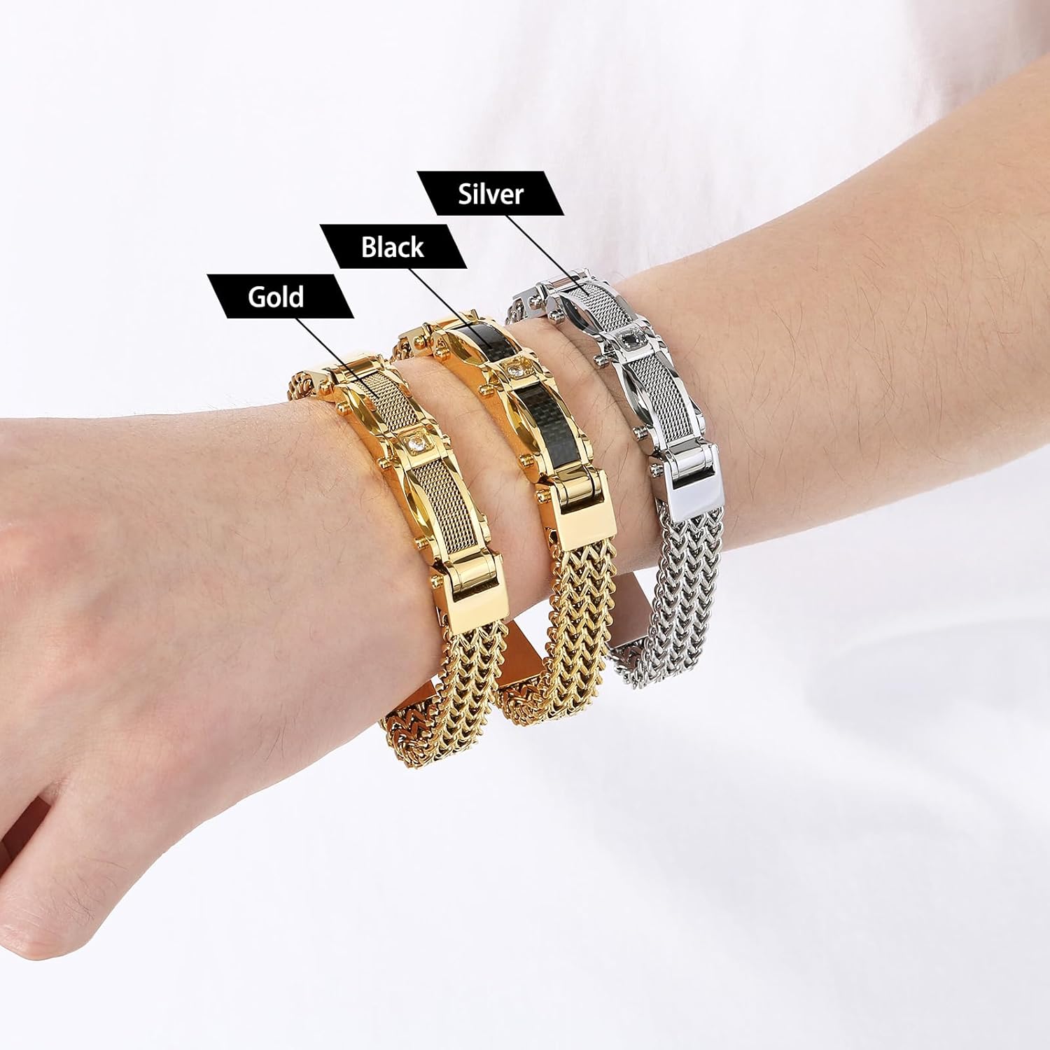 Mens Stainless Steel Franco Link Chain Bracelet,Fashion Cable Bracelet with Cubic Zirconia Gold Silver Black - Image 5