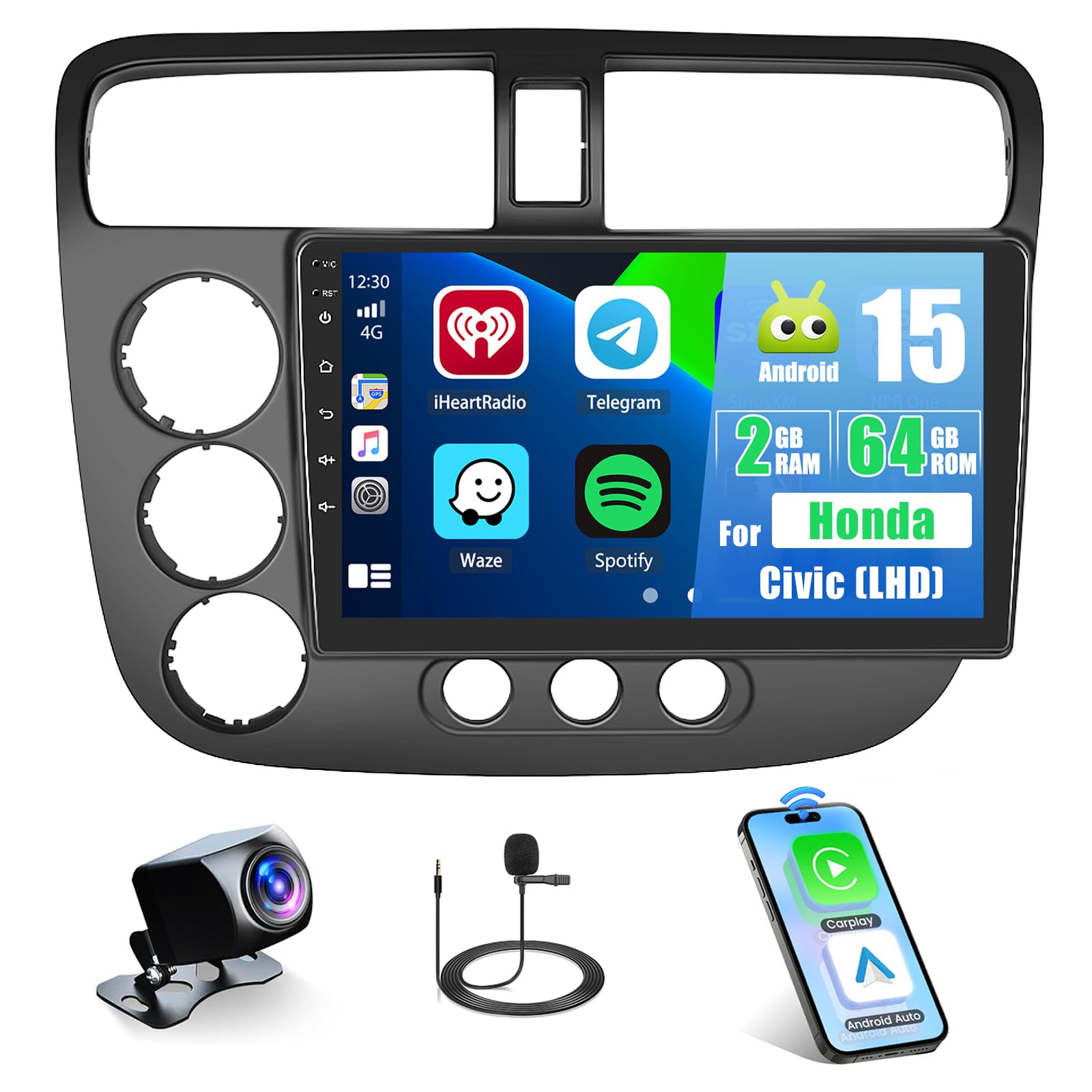 2+64G for Honda Civic 2001-2005 Android 15 Car Stereo Wireless Apple CarPlay Android Auto,9 inch Touch Screen Radio WiFi Bluetooth GPS FM RDS+Free AHD
