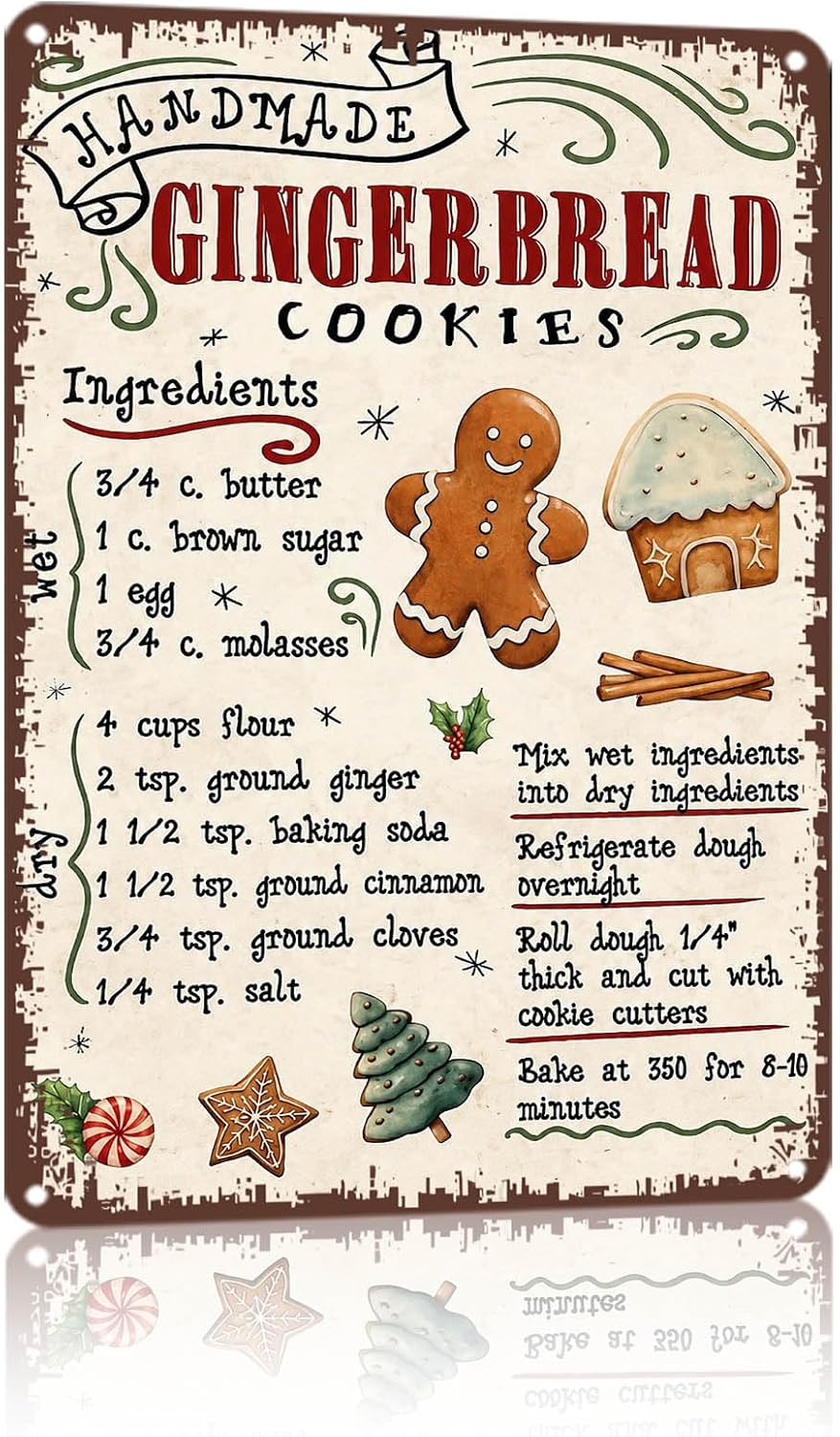 Vintage Handmade Gingerbread Cookies Recipe Metal Tin Sign, 8x12 Inch Retro Christmas Wall Decor, Aluminum Sign for Home Kitchen Bakery Holiday Decoration