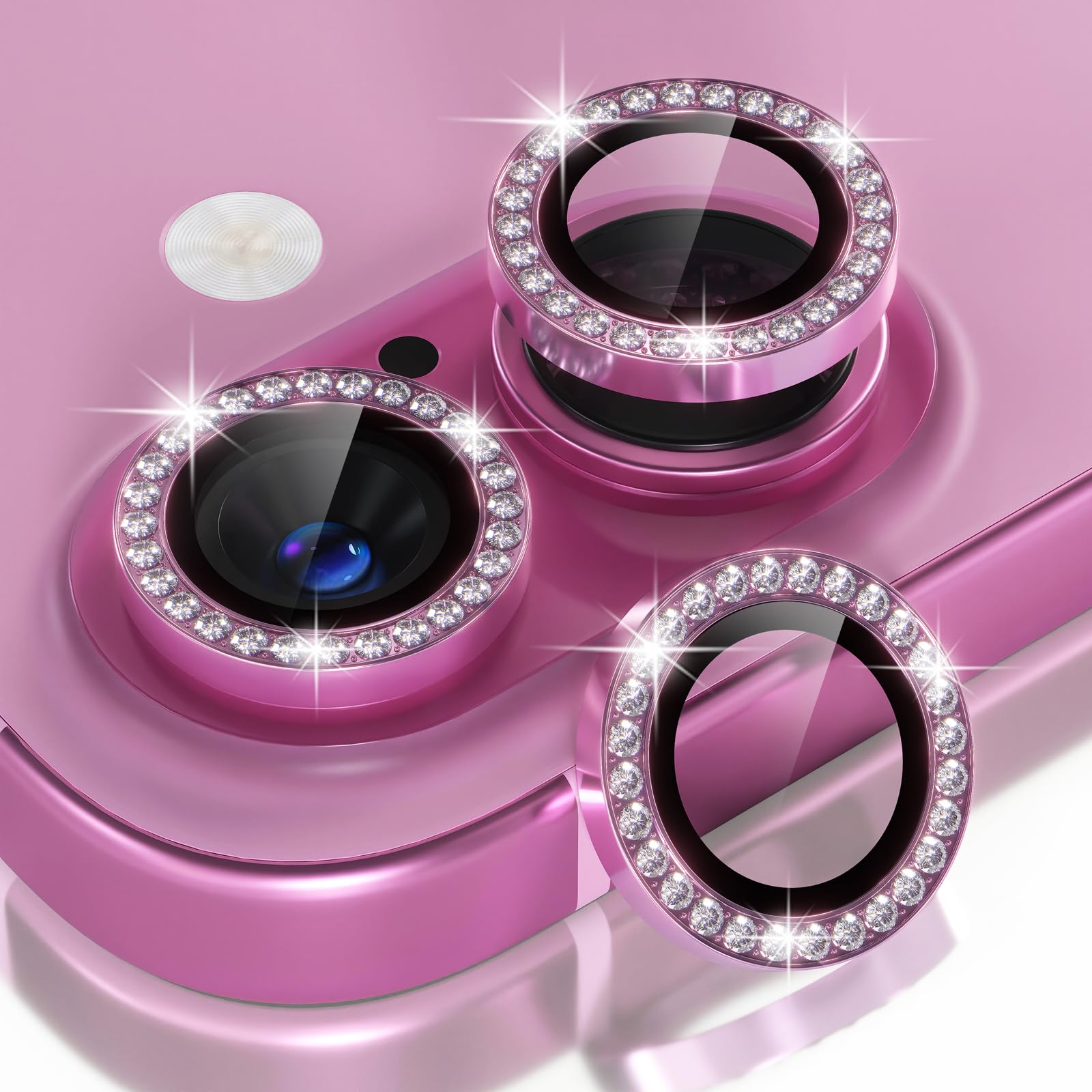 Choiche Compatible for iPhone 16 /iPhone 16 Plus Camera Lens Protector Bling, 9H Tempered Glass Camera Cover Screen Protector Metal Ring Decoration Accessories(Diamond-Pink)