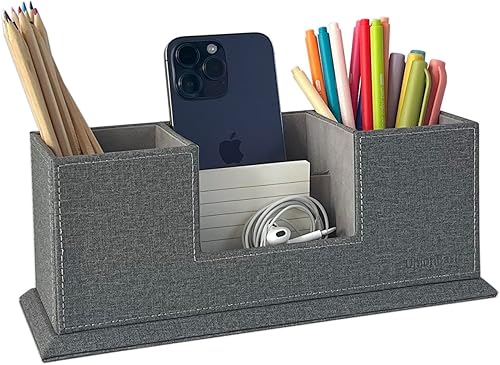 Miniatura 11 de UnionBasic - Organizador de escritorio de cuero sintético con 4 compartimentos, para tarjetas, bolígrafos, lápices, teléfonos celulares, suministros