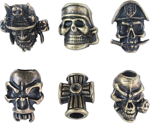 HAISDA - Cuentas de calavera para EDC al aire libre, cuchillos, linternas, paracordbricolaje accesorios de joyería, paquete de 6 (bronce)
