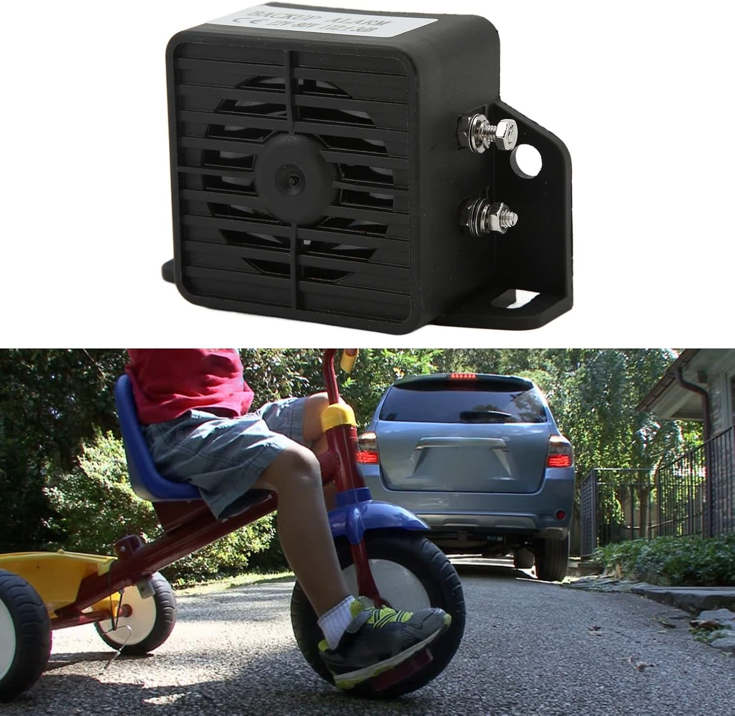 Fydun backup alarm in a residential setting, emphasizing safety for pedestrians