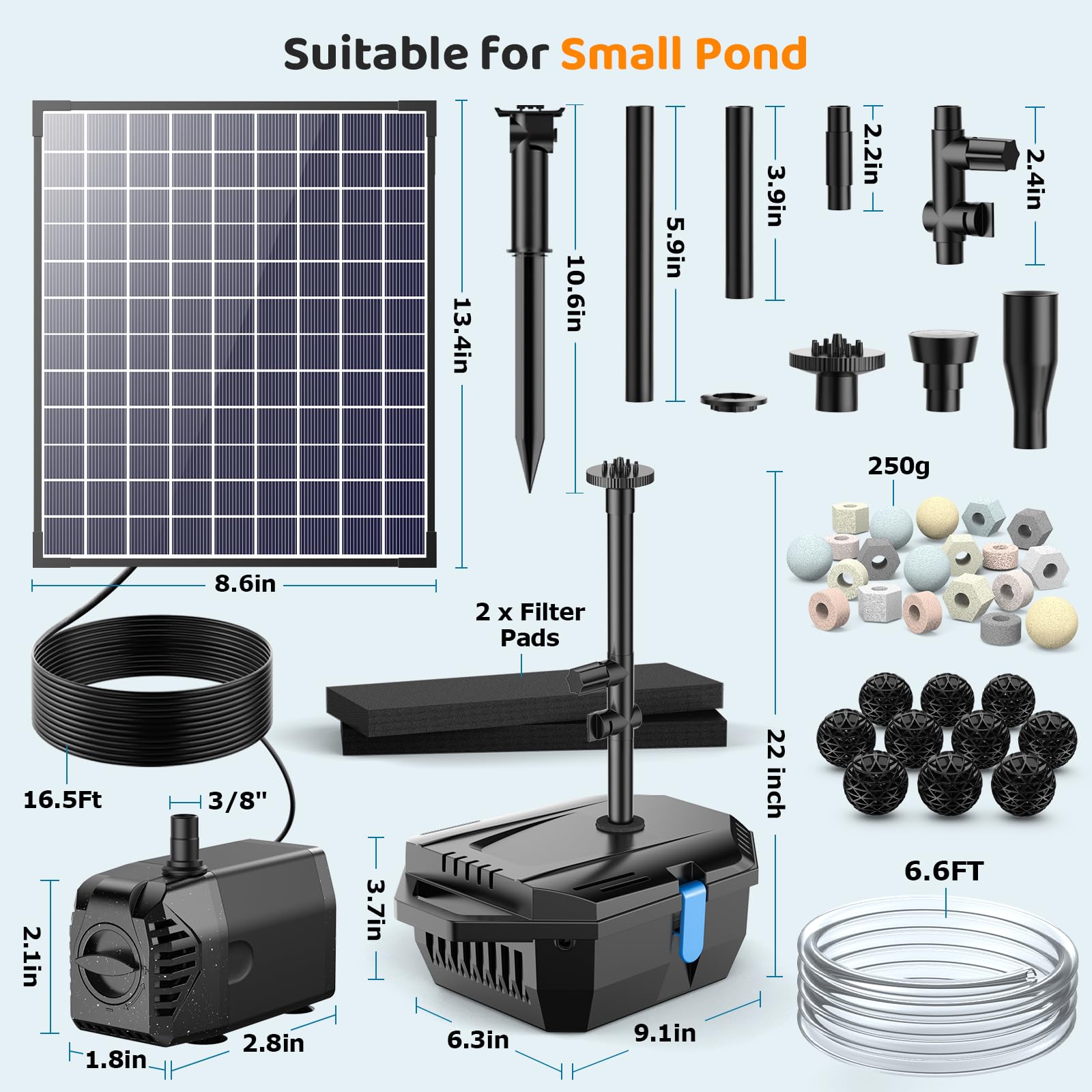 Antfraer Filtro solare per laghetto da 25 W con pompa dell'acqua, pompa solare per laghetto con tubo in PVC da 1,8 m, cavo da 16,5 m, scatola filtro per laghetto per piccoli laghetti, cascate