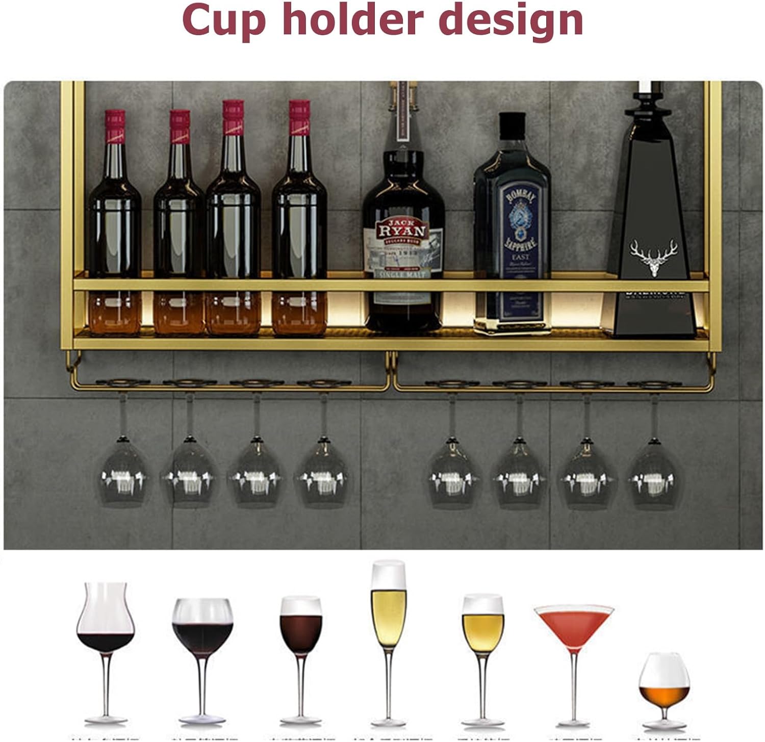 Industrial LED Wall Mounted Wine Rack with Liquor Bottle Display Shelf Iron Stand Holder for Home Restaurant Bars Countertop Storage Racks (Color:)