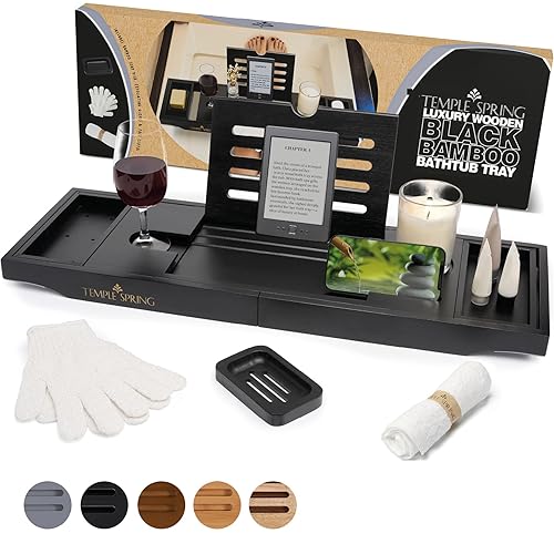 Temple Spring Wooden Bath Tray, Bath Shelf Bathroom Accessory, Home Spa Boards for Adults, Bathtub Caddy, Bamboo Bathroom Accessories Set, Extendable Bathtub Rack with iPad & Phone Holder - Black - Black