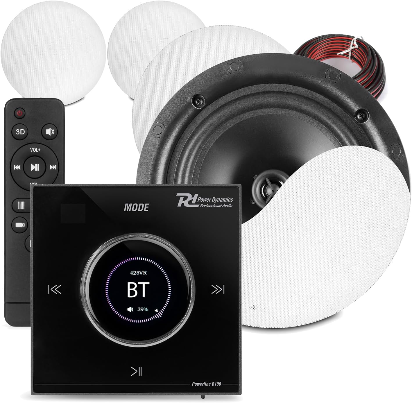 Powerline B100B Bluetooth Ceiling Speaker System with 4x 8” Low Profile Ceiling Speakers and In-Wall LCD Amplifier for Home Audio Installed Speakers Multi-Room