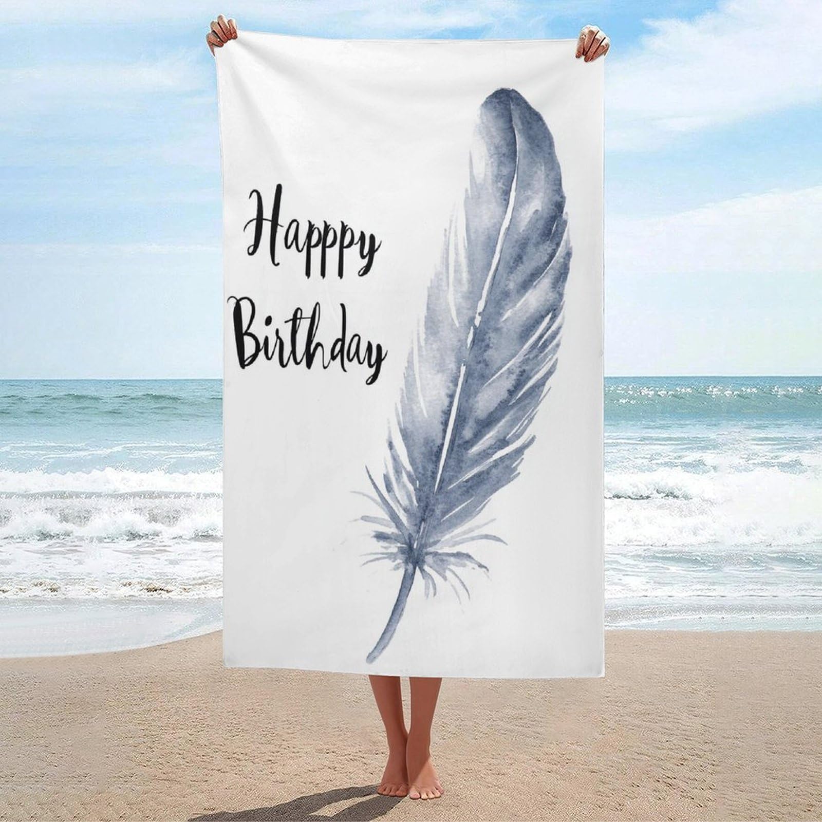 LSRCPD Grey Watercolor Feather with Words Happy Birthday Beach Towel Sand Free Microfiber Large Shower Towels Multipurpose Absorbent for Bathroom Pool 130x80 CM