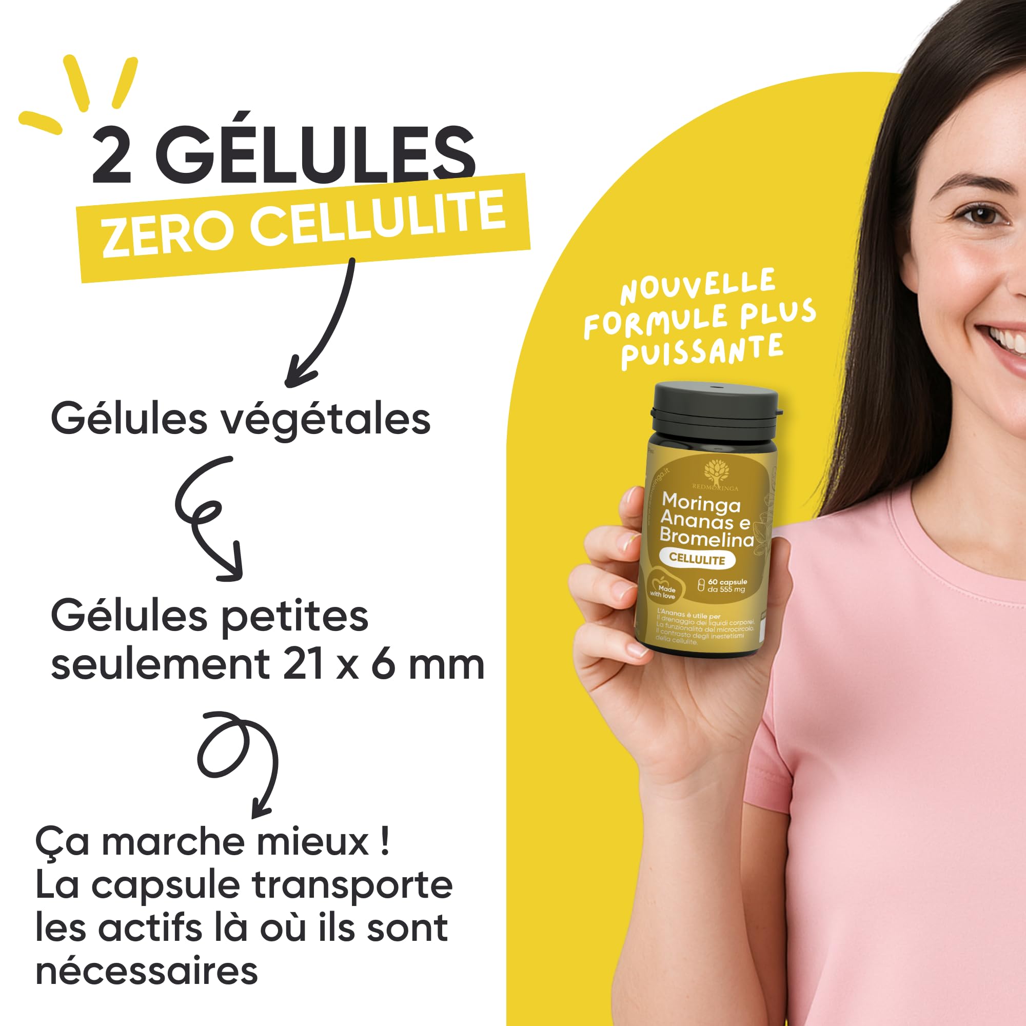 Anti Cellulite puissant avec Bromélaïne 5000 GDU | Complément Drainant 100% Naturel - Contraste les Imperfections de la Cellulite et Rétention d'Eau - Ananas et Moringa BIO RedMoringa (60 Gélules)