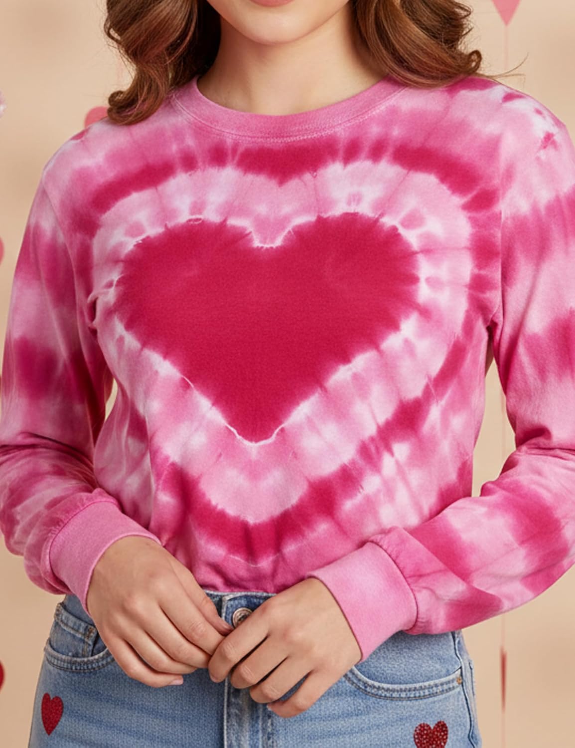 Valentine Shirts Women Valentine's Day Shirt Tie Dye Heart Graphic Long Sleeve Tshirt Casual Crewneck Holiday Tee Tops - Image 2