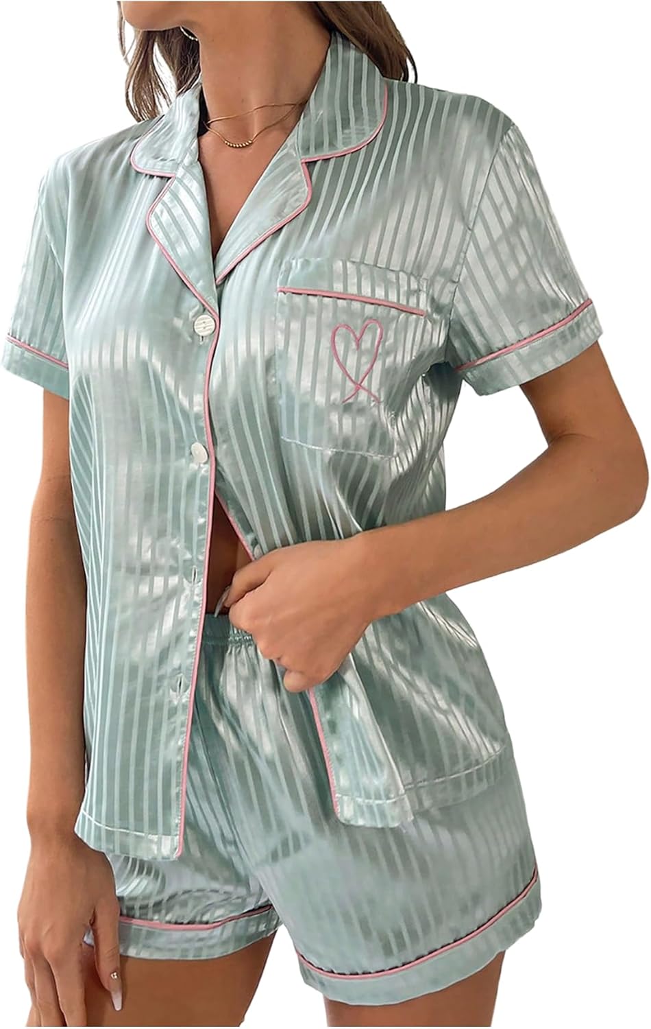WDIRARA Women's Satin Pajama Set Striped Short Sleeve Button Down Shorts Pjs 2 Piece Sleepwear