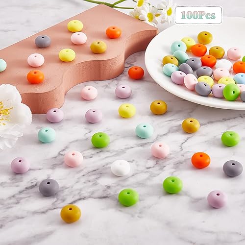 Miniatura 3 de 100 cuentas de silicona de 0.555 pulgadas (0.551 in), cuentas de goma con agujero grande, cuentas espaciadoras sueltas de colores para bricolaje,