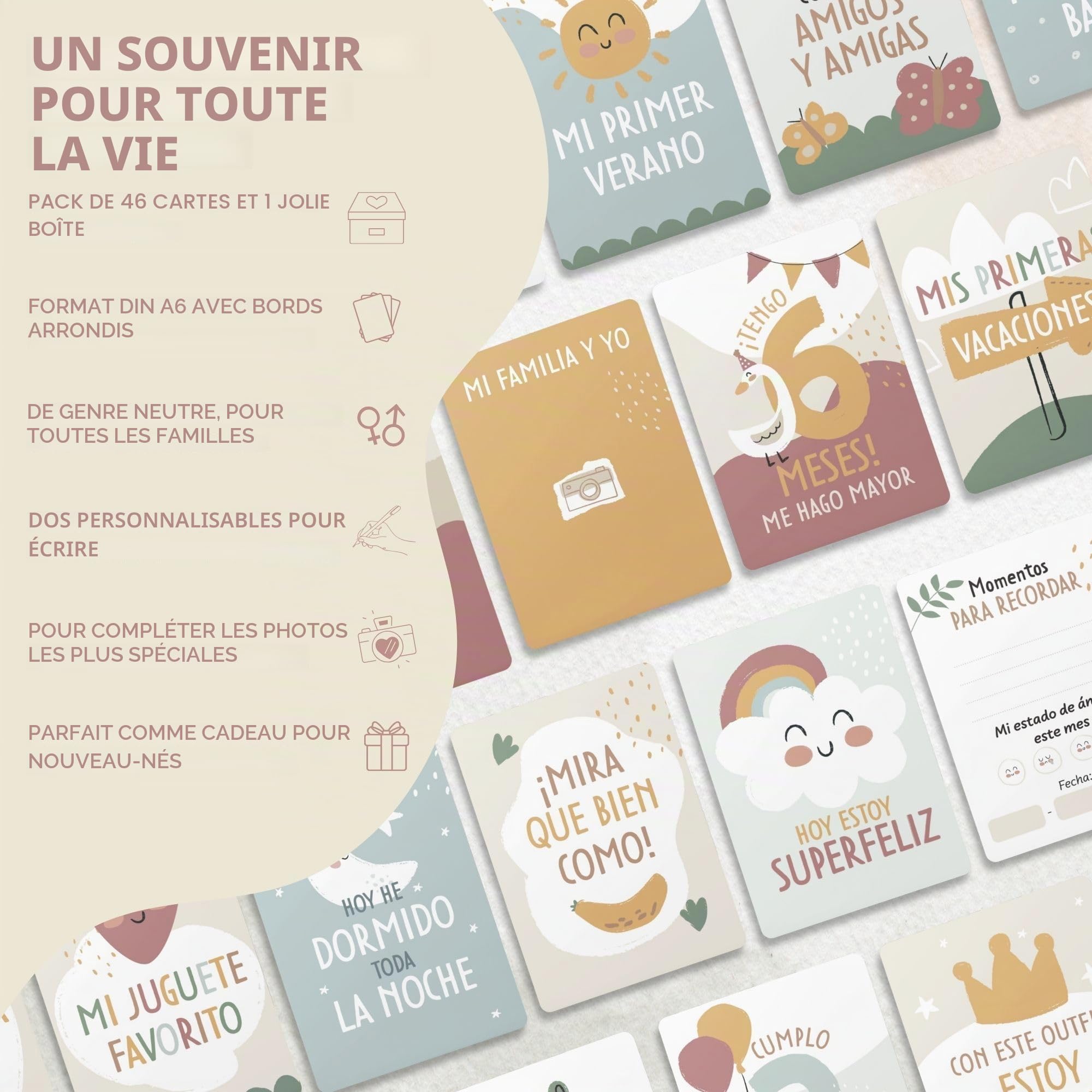 HuBorns - Carte Etape Bebe pour Suivre les Étapes les Plus Importantes, 46 Carte Mois par Mois Bebe à Offrir comme Cadeau Bebe Naissance, Cartes Etapes Bébé (Espagnol)