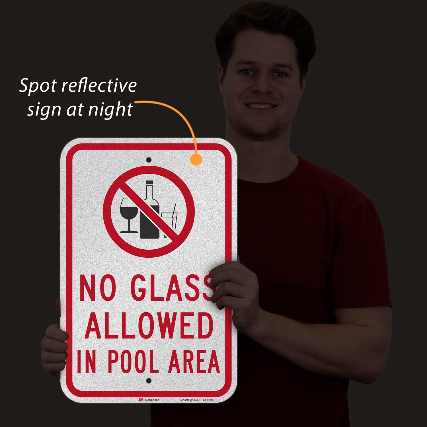 SmartSign 18 x 12 inch “No Glass Allowed In Pool Area” Metal Sign with Symbol, 63 mil Aluminum, 3M Laminated Engineer Grade Reflective Material, Red, Black and White, Made in USA