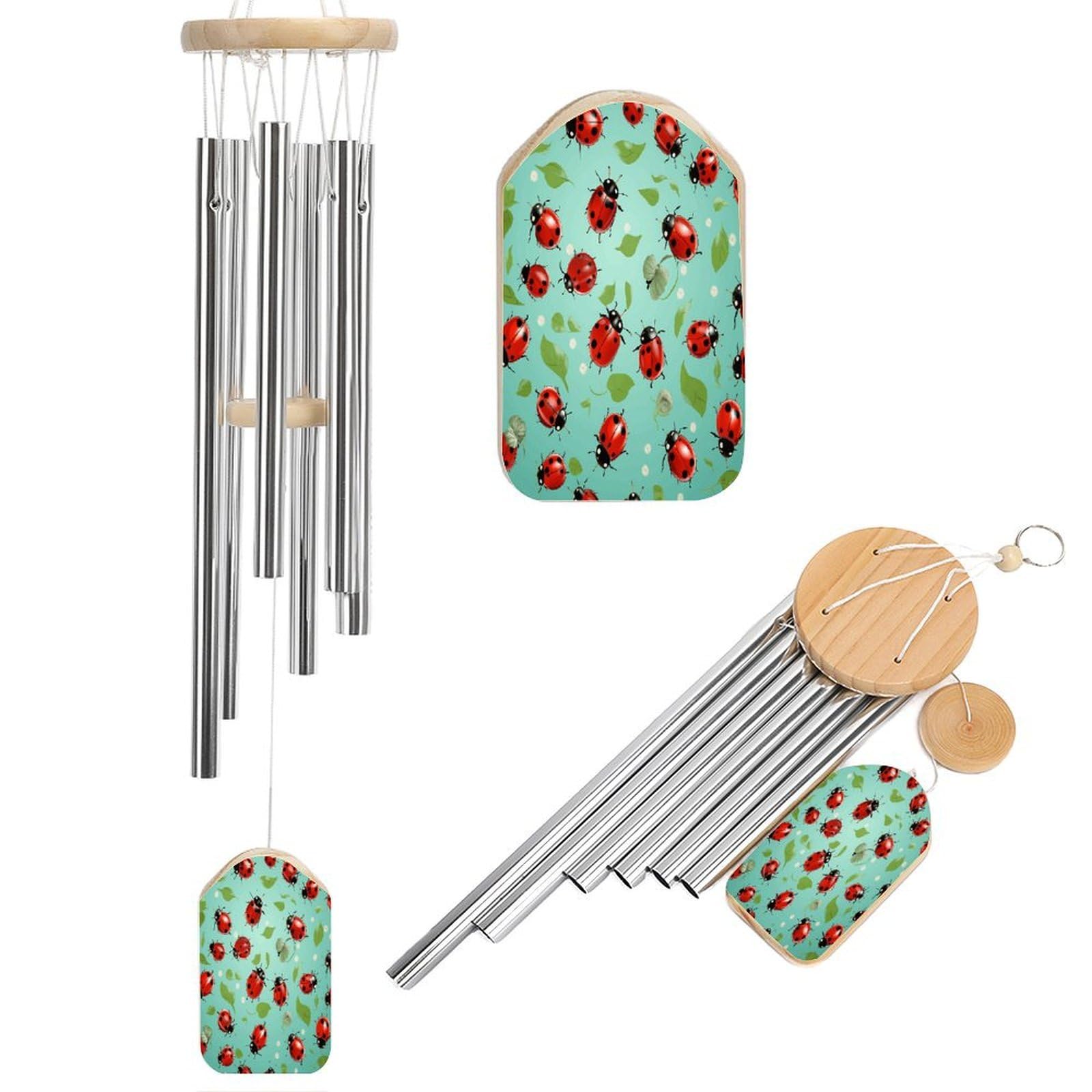 Khauerbc Women's Style Red Ladybugs On A Blue Background Wind Chime-Outdoor-Garden Decors. Aluminium Wind Chimes To Melodic Tones .Memorial Wind Chime For Garden Yard Porch, Good Gifts For Mom Grandma Wife.