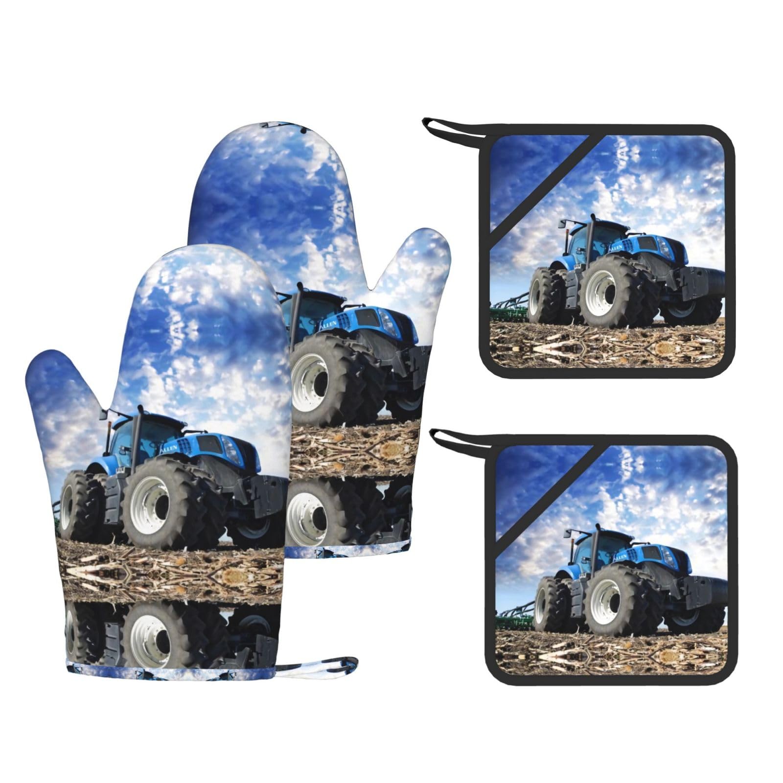 Farm Tractor Printed Oven Mitts with Pocket and Hot Pads, Silicone Non-Slip Kitchen Gloves for Baking BBQ