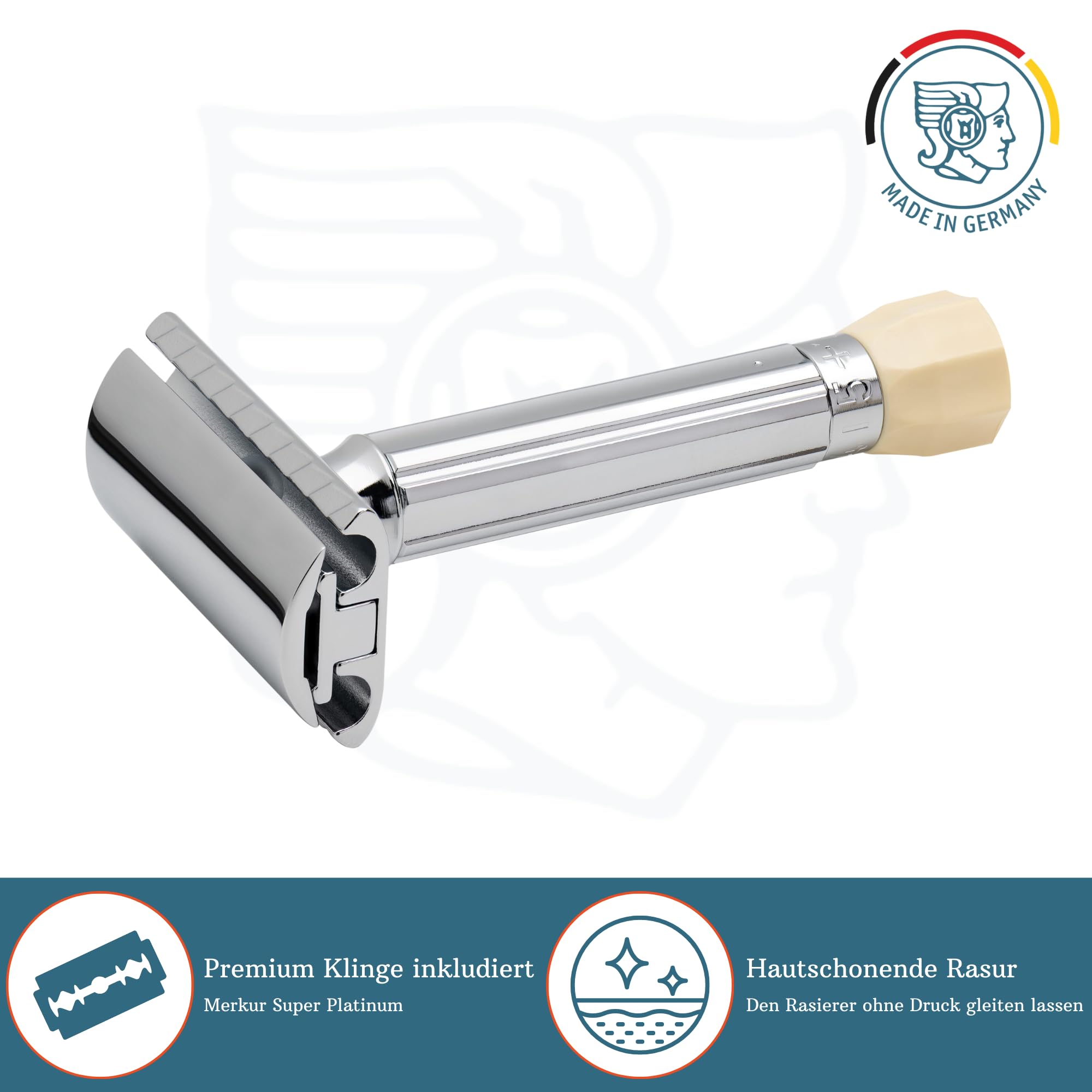 MERKUR Einstellbarer Rasierhobel 500C | Klassiker Glanzchrom | Zweiteiliger Rasierer mit geradem Schnitt | Ideal für Nassrasur | Zinkdruckguss | Messing Griffstück | Made in Germany