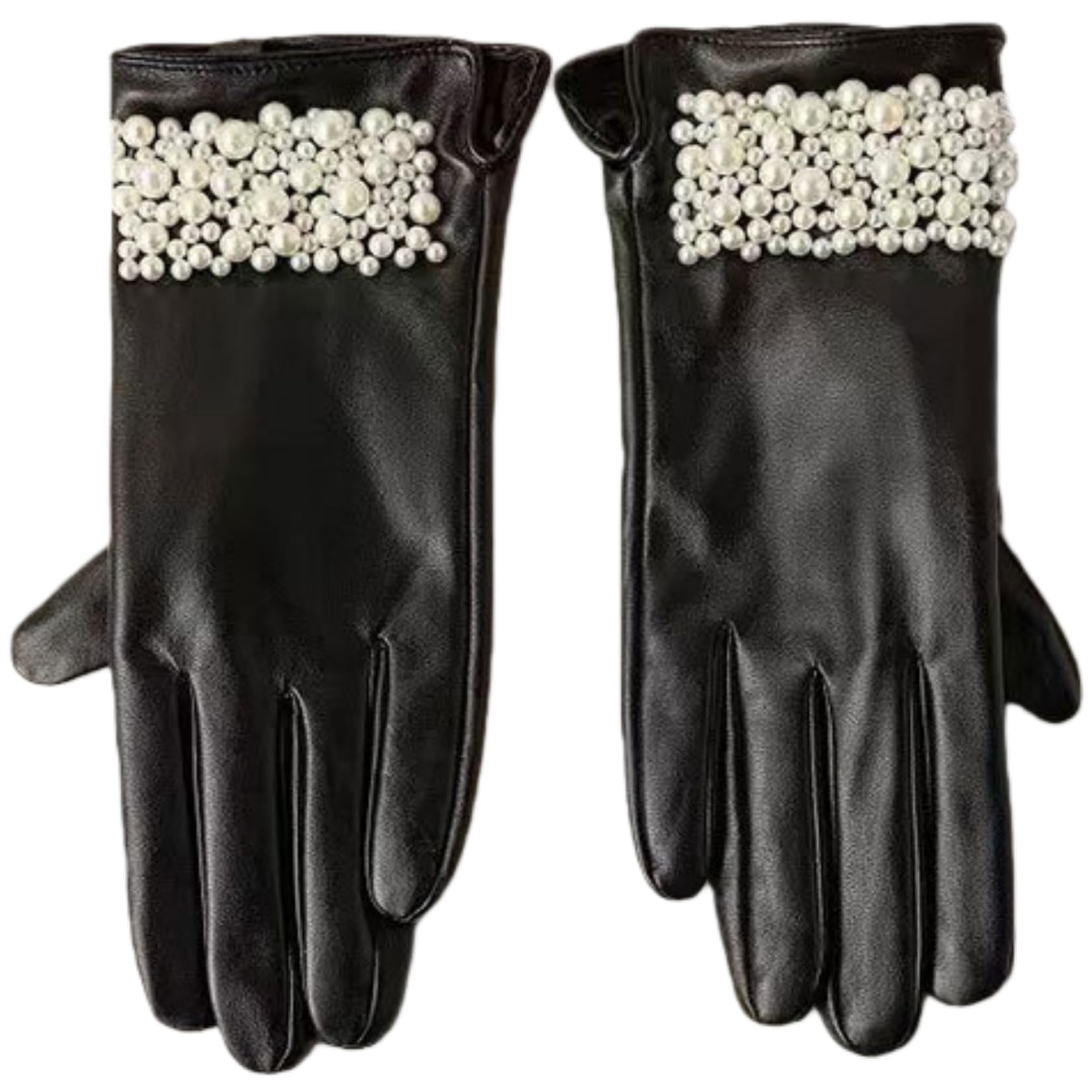YISENJEE Winter Leather Gloves Winter Fashion Pearl Leather Five-Finger Touchscreen Pu Leather Warm - Black